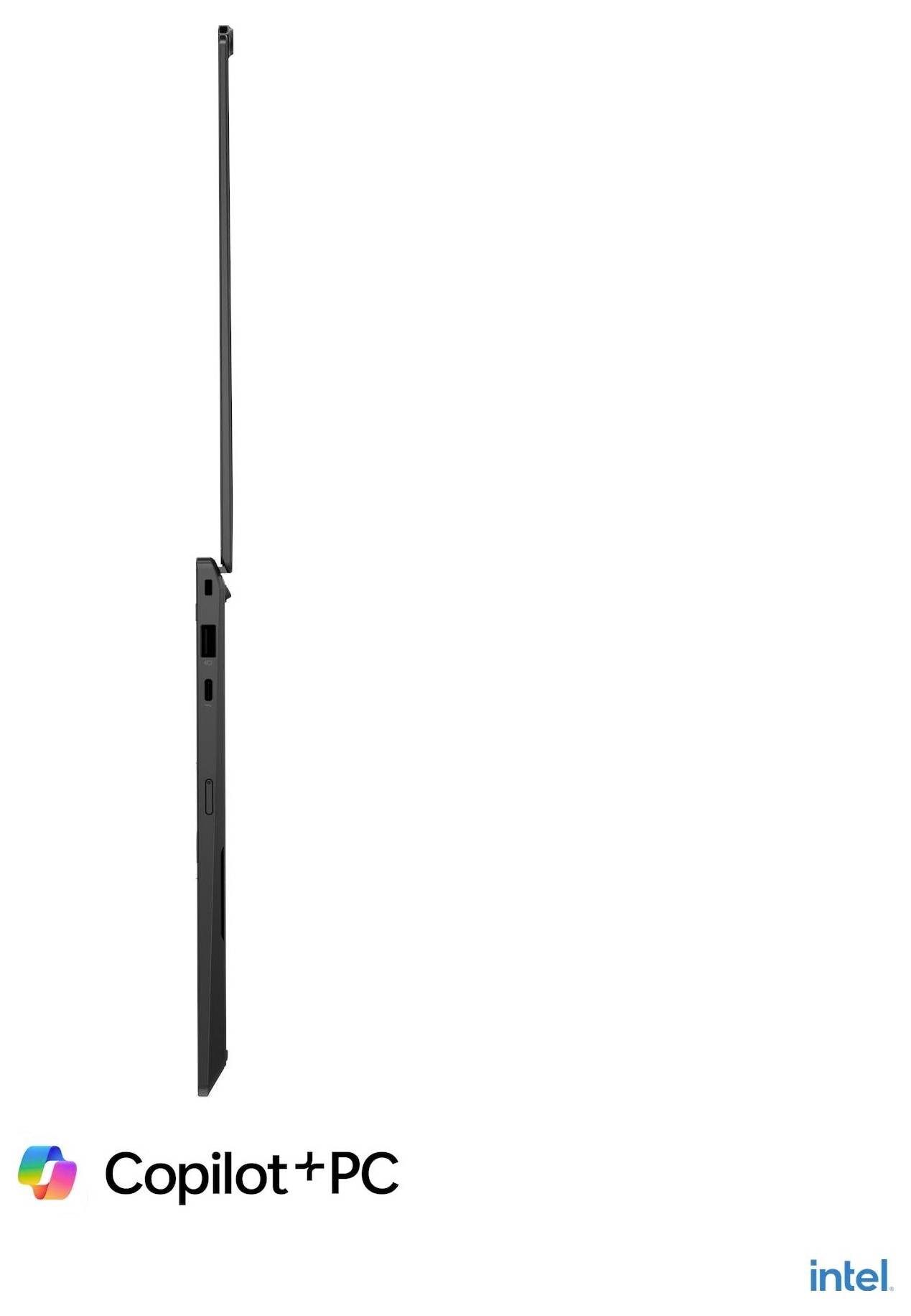 Schlanker schwarzer Laptop in Profilansicht mit hoher Antenne; Copilot+ PC und Intel Logos am unteren Rand.