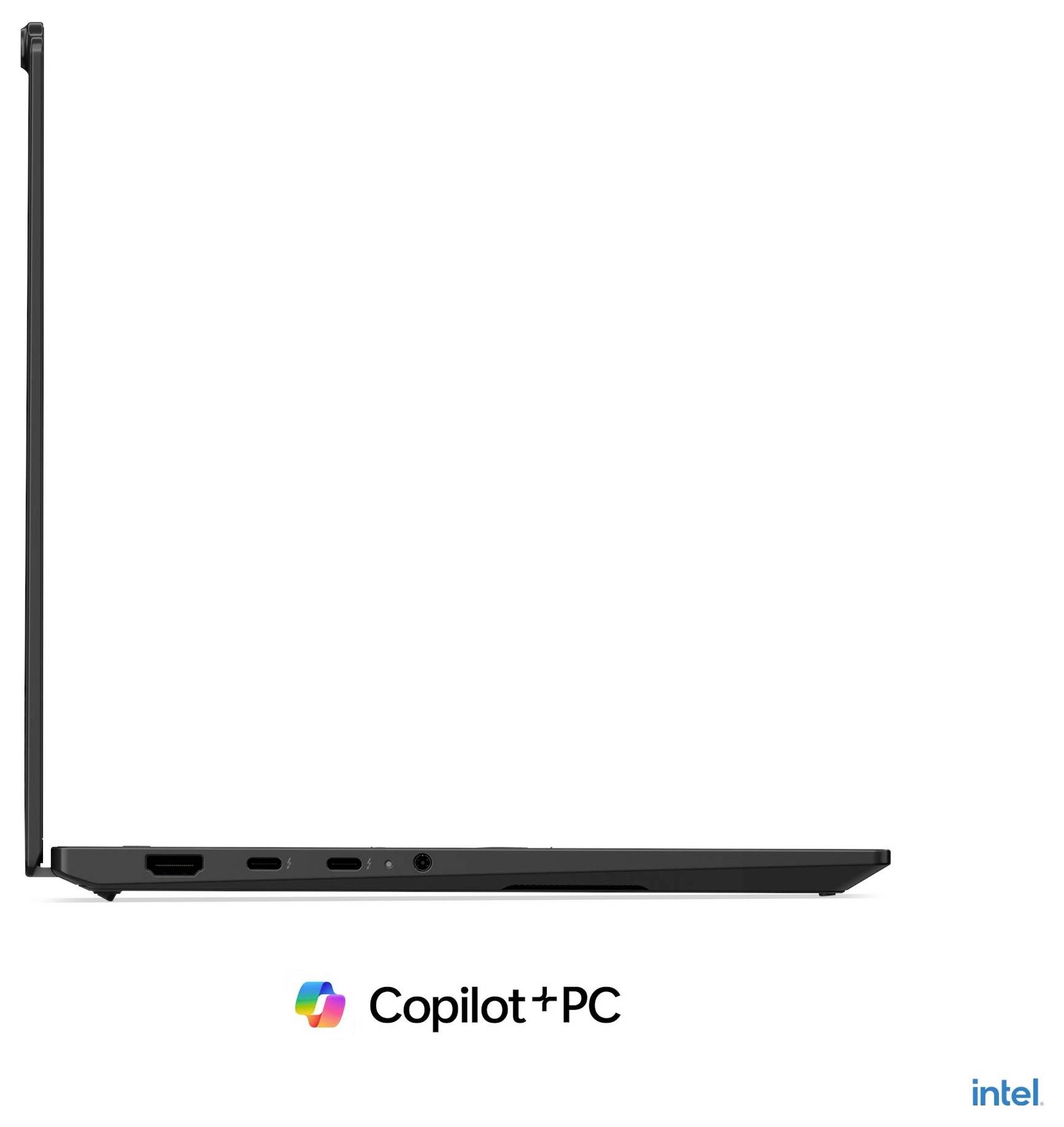 Seitenansicht eines dünnen Laptops mit geöffnetem Bildschirm, gekennzeichnet mit 