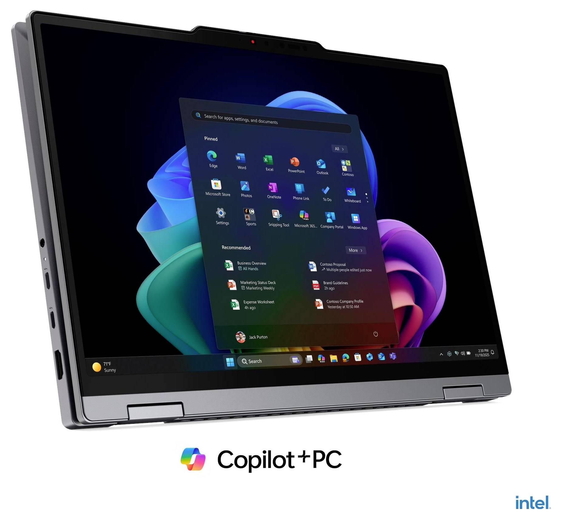 Ein Windows-11-Laptop, auf dem das Startmenü mit Copilot+-PC-Branding und dem Intel-Logo darunter angezeigt wird.