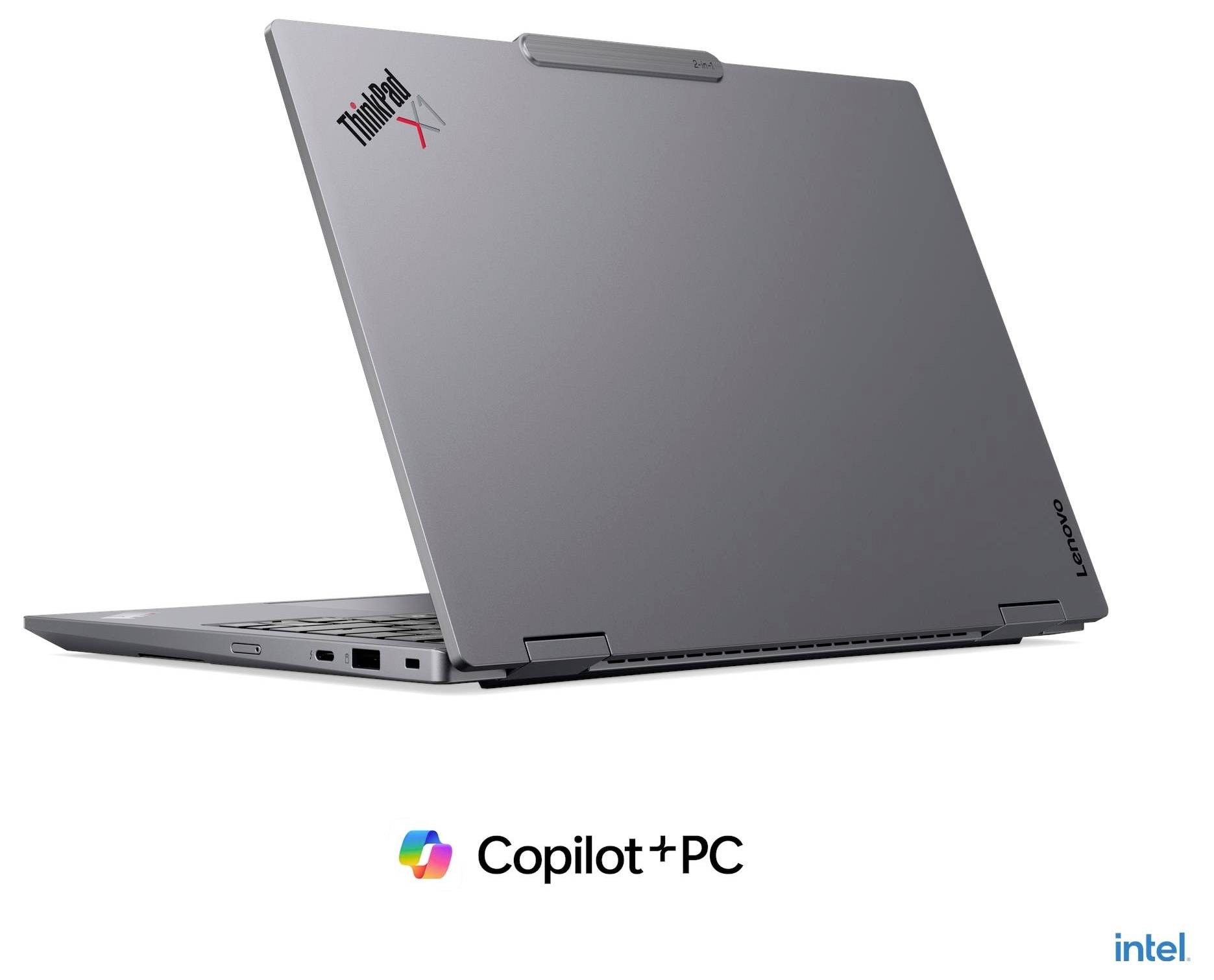 Grauer Lenovo ThinkPad X1-Laptop, geschlossen auf weißem Hintergrund dargestellt, mit Copilot+ PC und Intel-Logos darunter.
