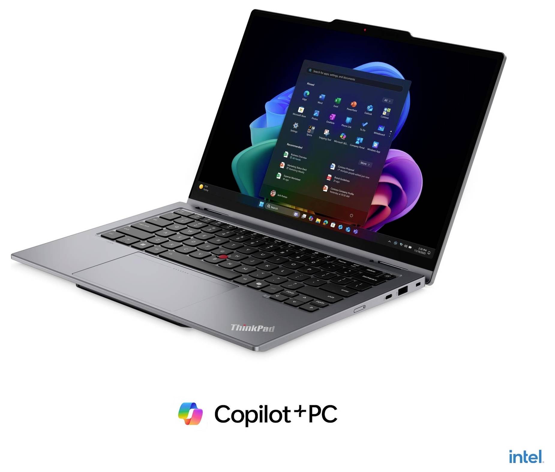 Silberner ThinkPad-Laptop zeigt das Windows 11-Startmenü mit Copilot+ PC und Intel-Branding darunter.