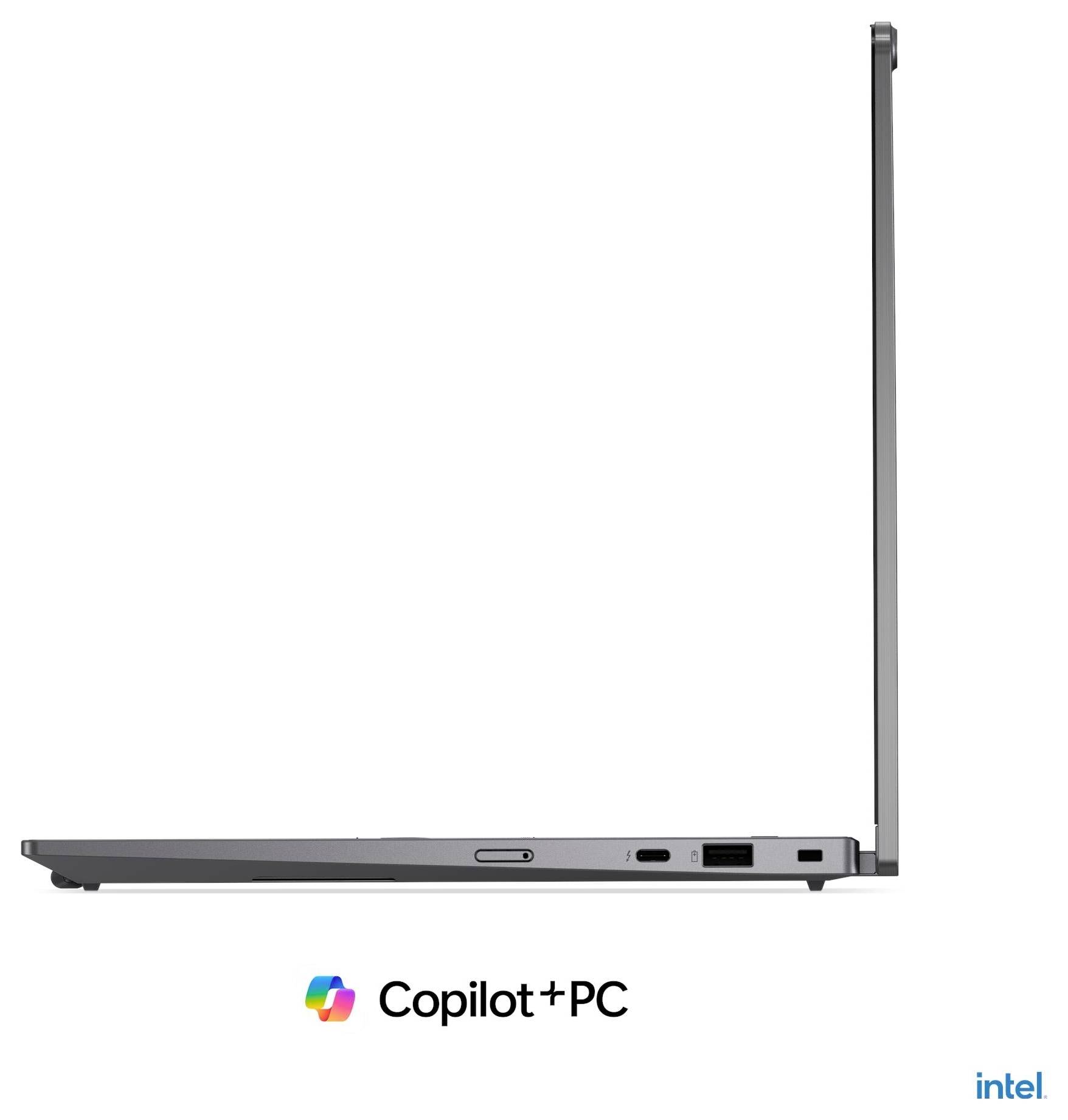 Seitenansicht eines dünnen Laptops mit geöffnetem Deckel, auf dem 