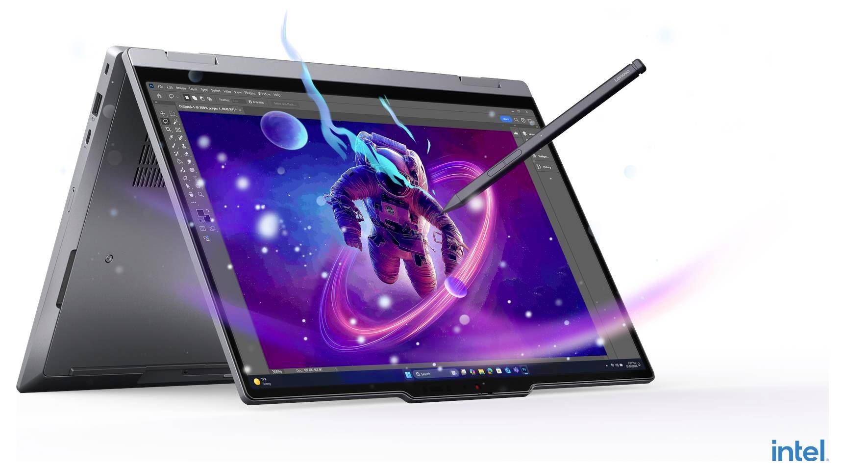 Ein 2-in-1-Laptop im Tablet-Modus mit Stylus, der eine farbenfrohe digitale Illustration auf dem Bildschirm zeigt und das Intel-Logo in der Ecke.