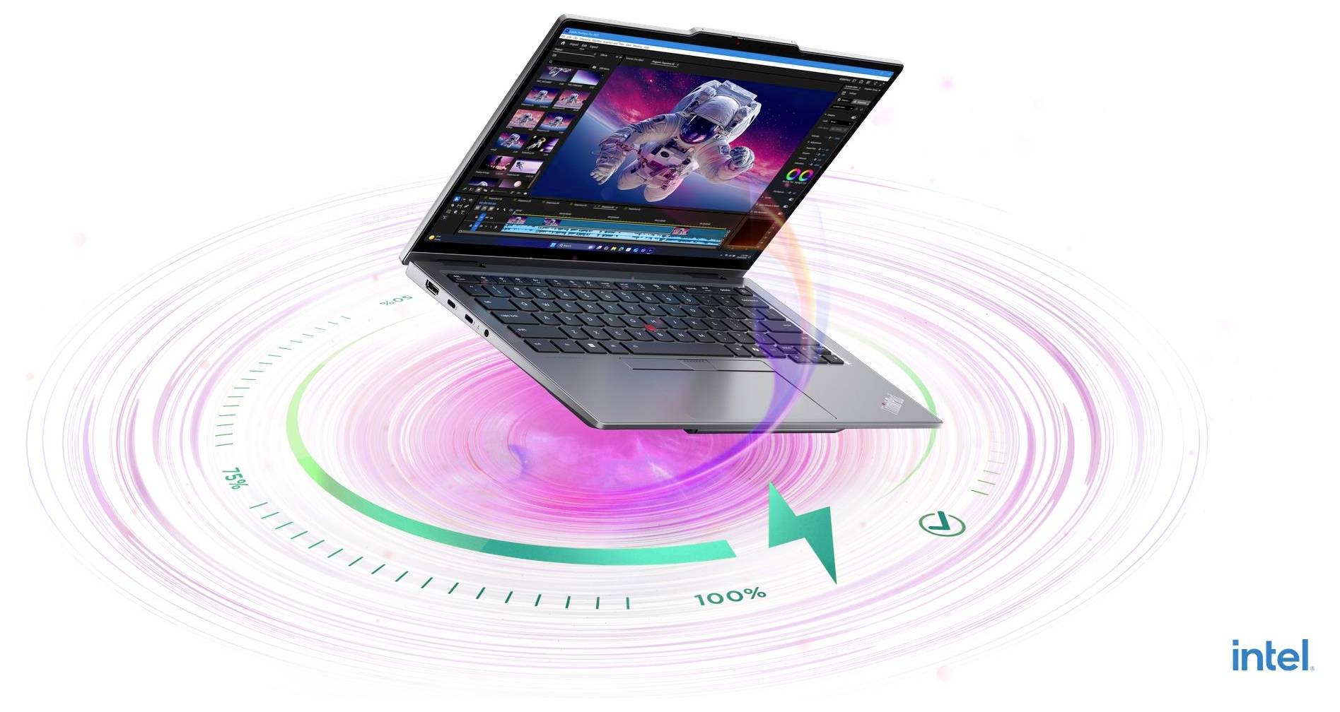 Seitenansicht eines schlanken grauen Laptops, geschlossen und aufrecht, mit dem Logo „Copilot+PC