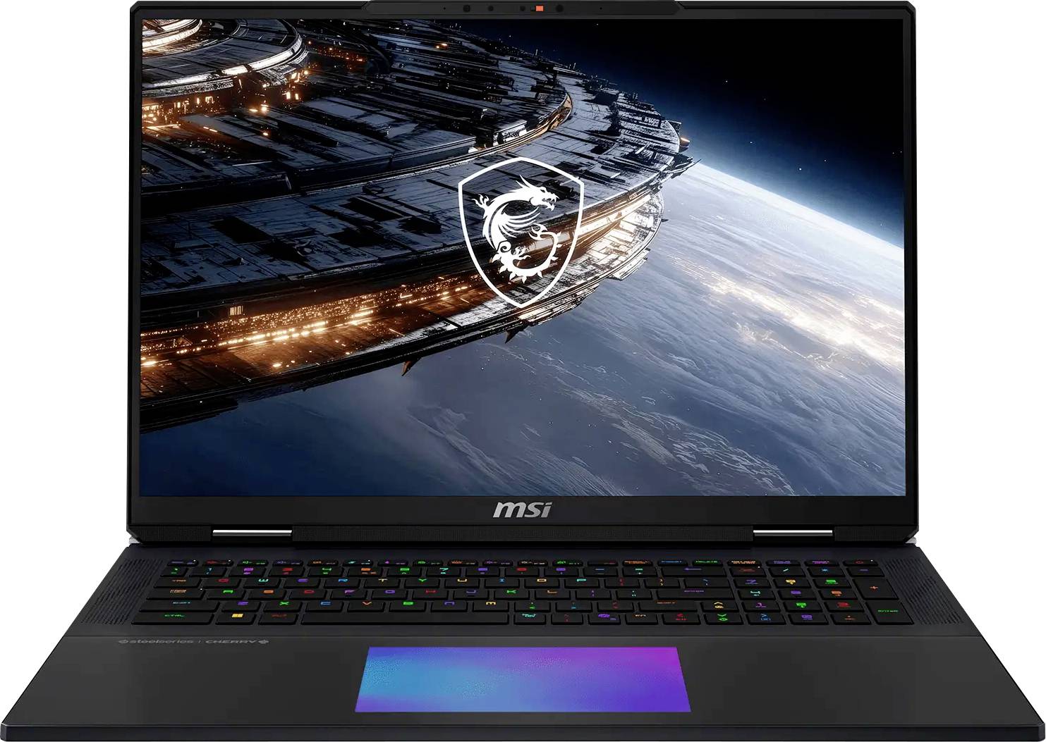 MSI Gaming-Laptop mit Science-Fiction-Raumschiff-Hintergrundbild auf dem Bildschirm und beleuchteter Tastatur mit farbigen Tasten und großem Touchpad.