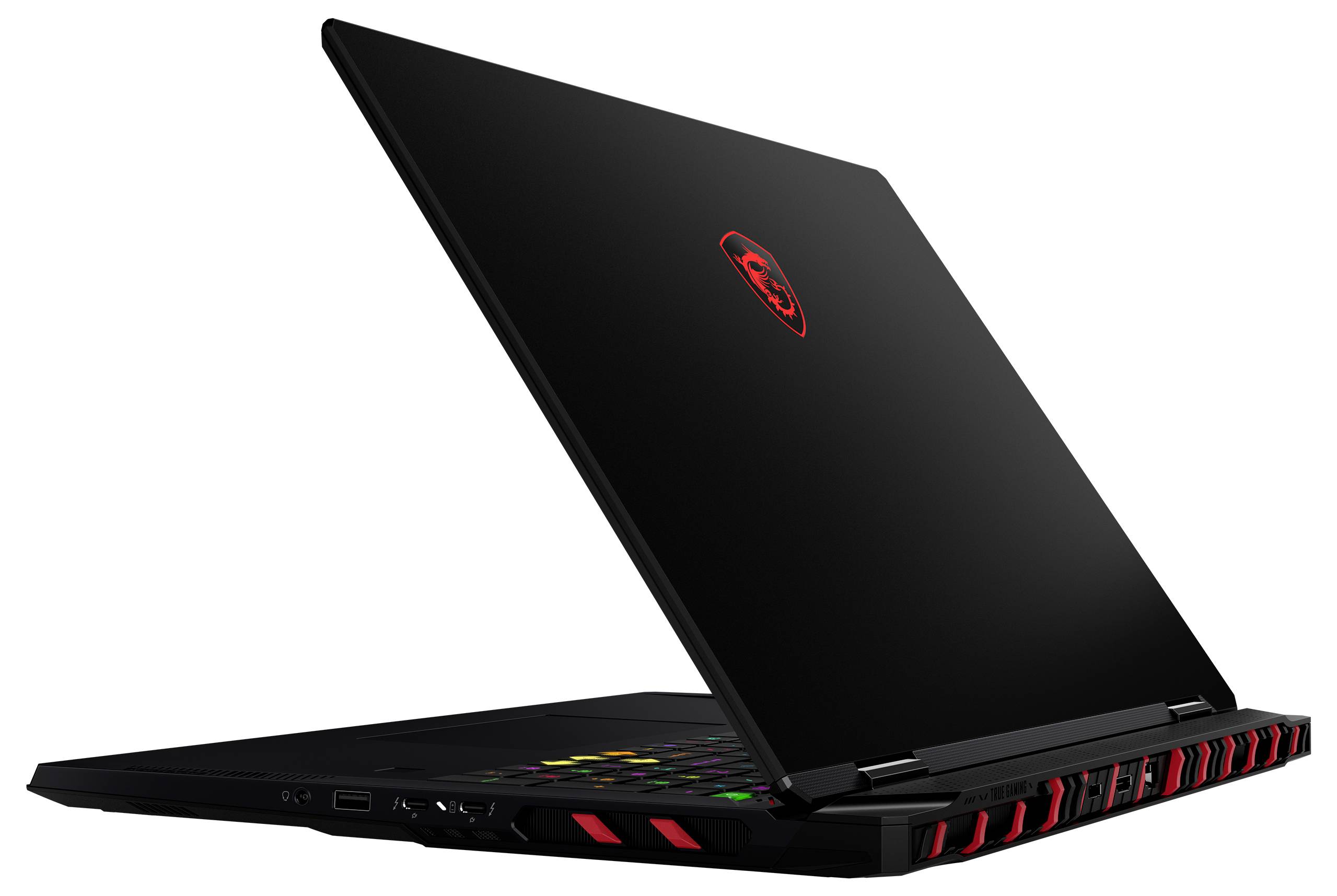Black gaming laptop with red accents, open at an angle, showing illuminated keyboard and MSI logo on the lid---Schwarzer Gaming-Laptop mit roten Akzenten, in einem Winkel geöffnet, zeigt beleuchtete Tastatur und MSI-Logo auf dem Deckel