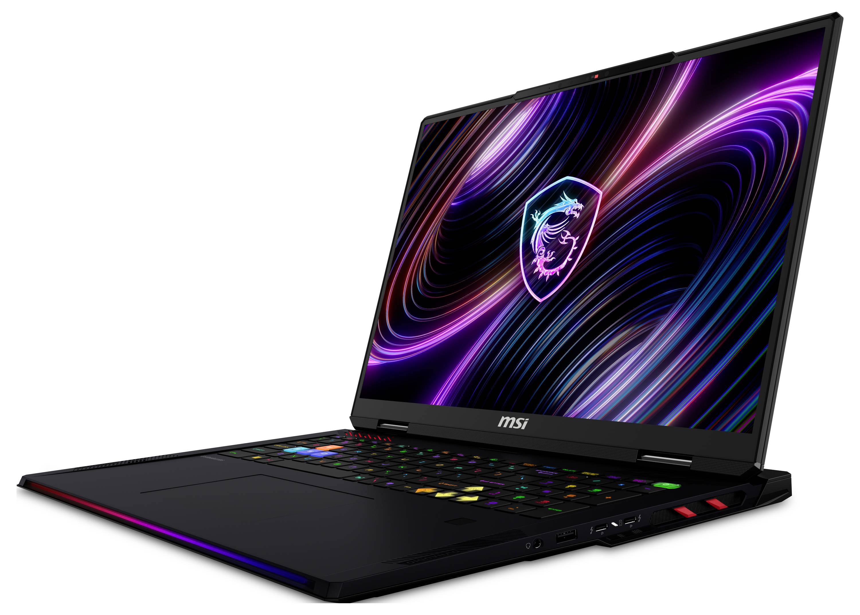 Ein schwarzer MSI-Gaming-Laptop, geöffnet im Winkel gezeigt, mit farbenfrohem Neon-Display und RGB-beleuchteter Tastatur auf weißem Hintergrund.