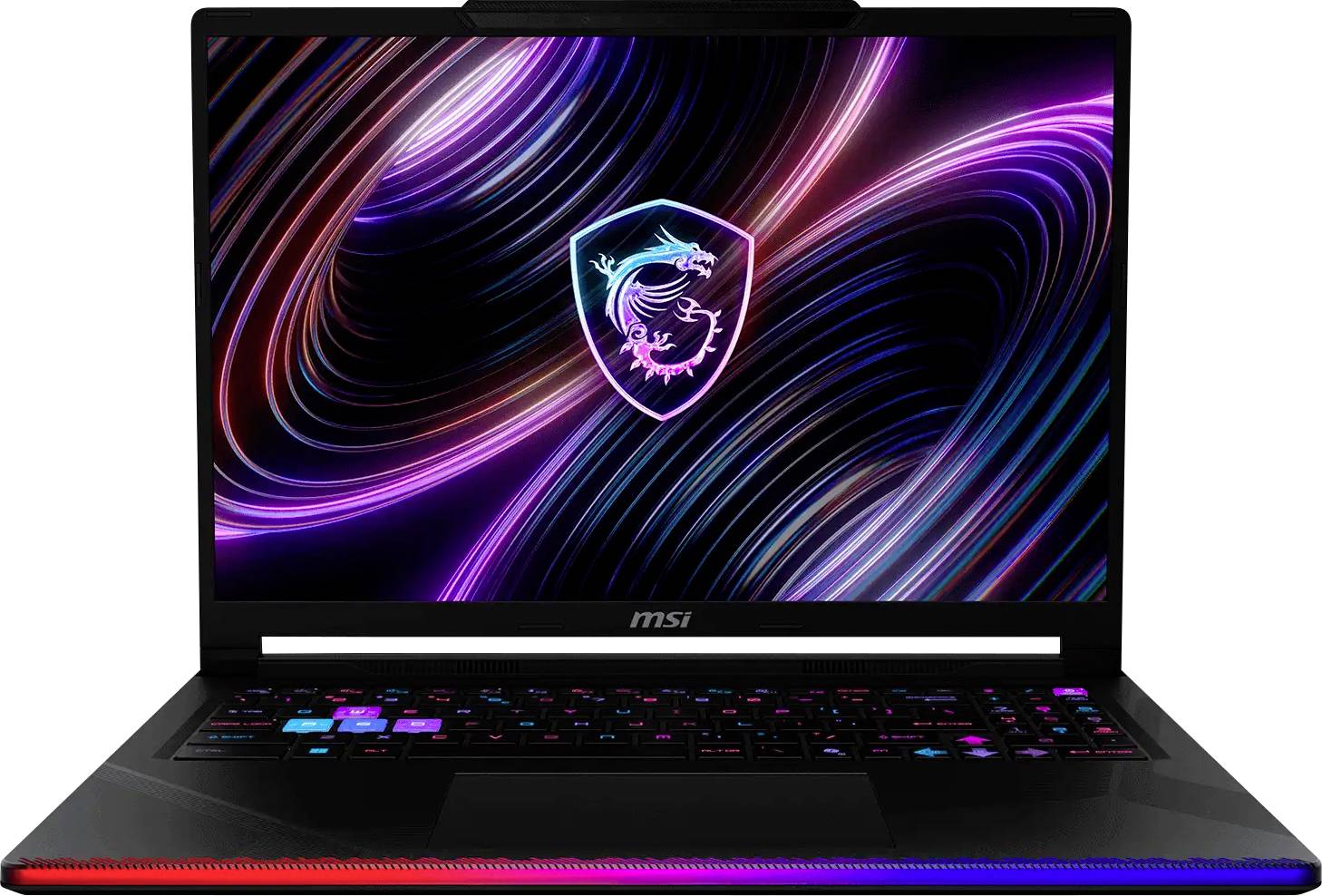 MSI Gaming-Laptop mit RGB-Tastatur und neonrotem Drachenlogo auf dem Bildschirm