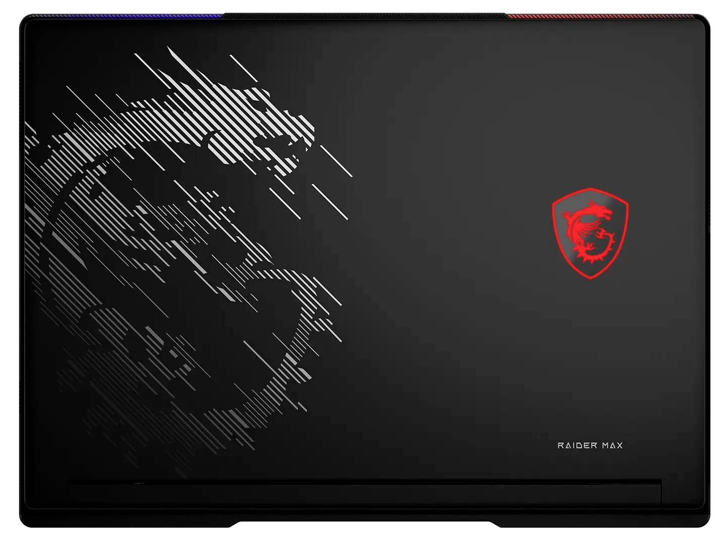 Schwarzer MSI Raider Max Laptopdeckel mit rotem Drachenschild-Logo und grauer kantiger Grafik auf der linken Seite.