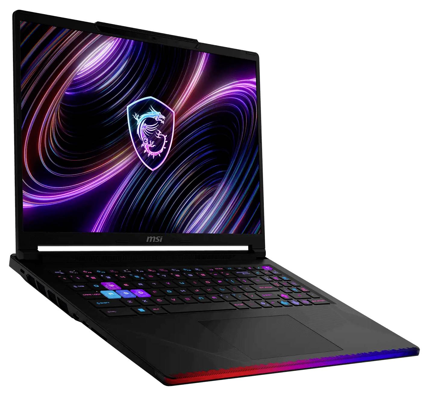 Schwarzer MSI-Gaming-Laptop in einem Winkel geöffnet, zeigt einen Neon-Wirbel-Hintergrundbild und eine RGB-Hintergrundbeleuchtete Tastatur auf weißem Hintergrund.