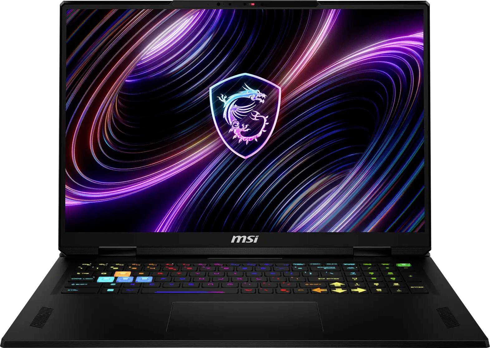 Offenes MSI Gaming-Laptop mit RGB-beleuchteter Tastatur und Drachen-Logo auf farbenfrohem neonabstraktem Bildschirm.