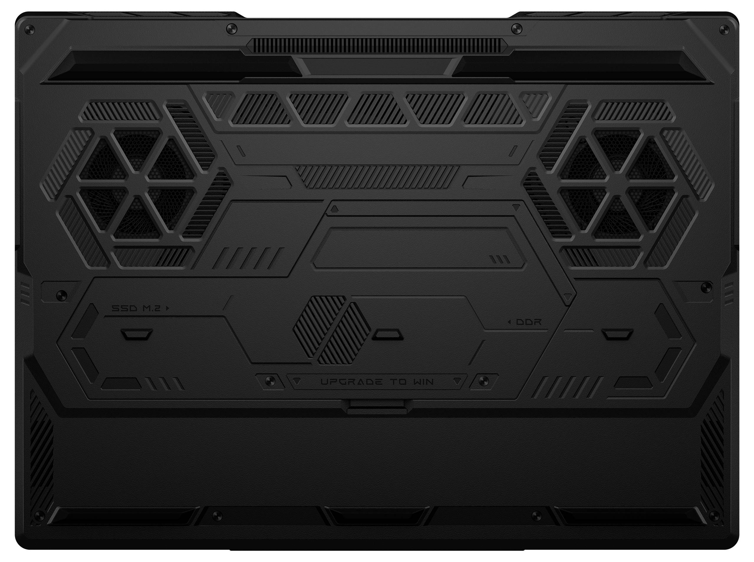 Rückseite eines schwarzen ASUS ROG Gaming-Laptops mit sechseckigen Lüftungsöffnungen und Abdeckungen für Anschlüsse mit der Aufschrift 