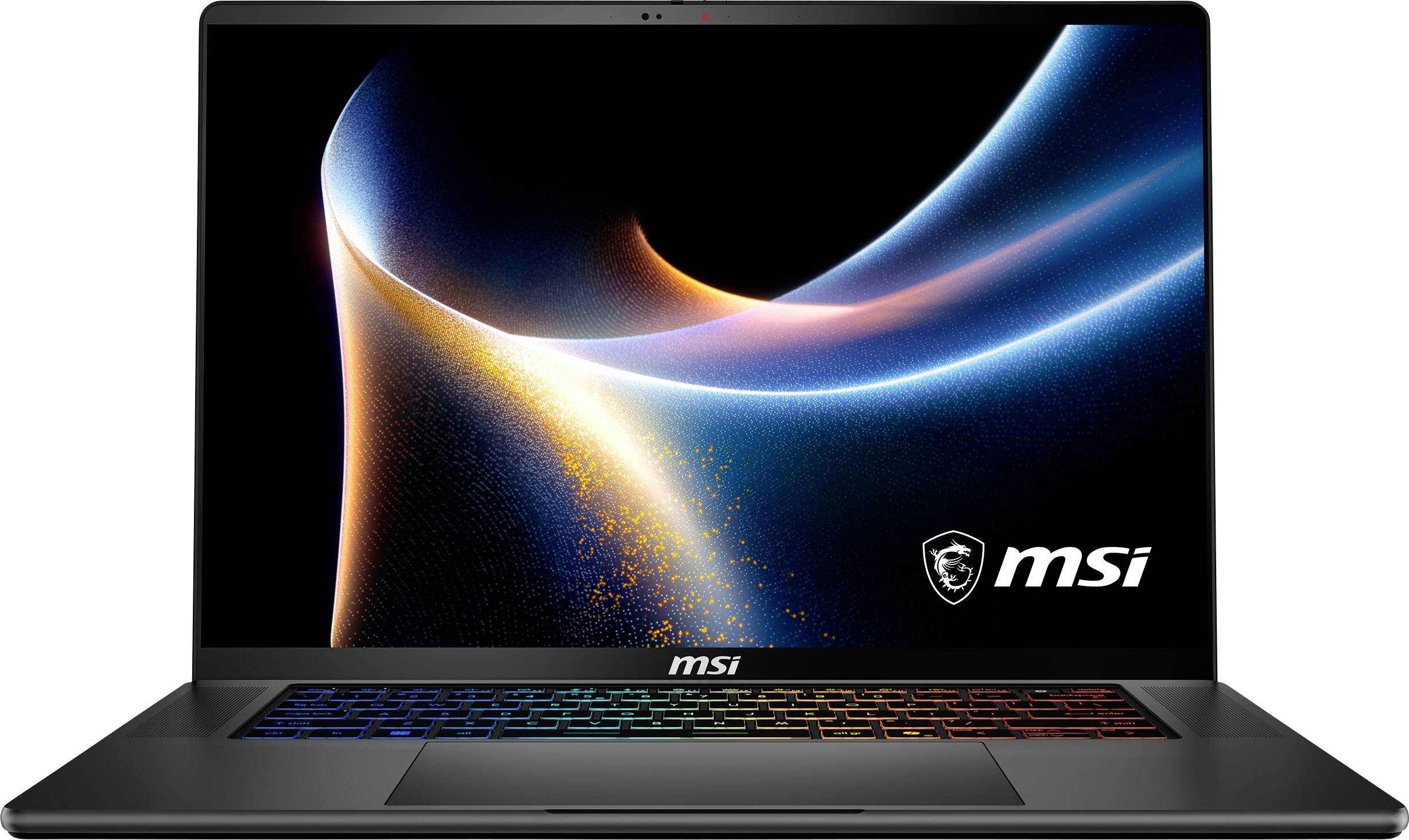MSI Gaming-Laptop, aufgeklappt gezeigt, mit einem farbenfrohen abstrakten Wallpaper auf dem Bildschirm und einer RGB-beleuchteten Tastatur.