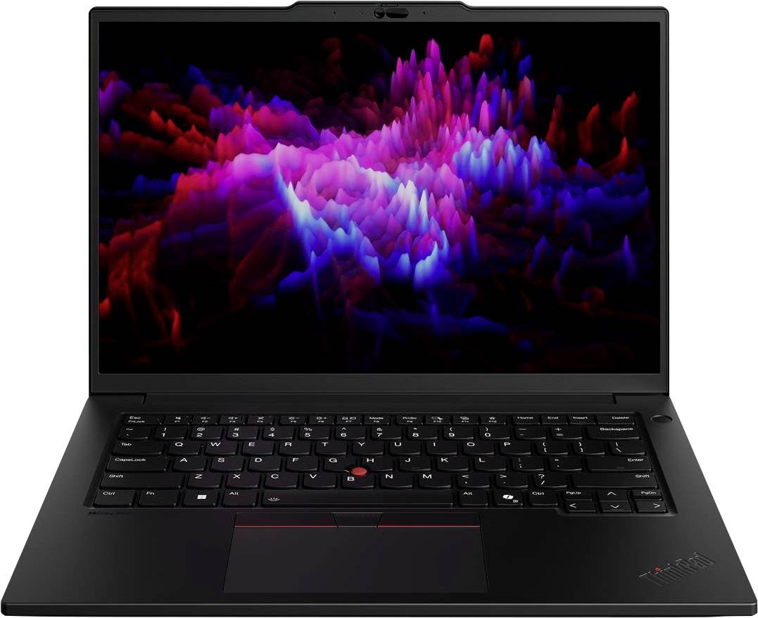 Schwarzes Lenovo ThinkPad-Laptop offen, zeigt ein farbenfrohe abstrakte rosa, lila und rote wellenförmige Anzeige auf dem Bildschirm.