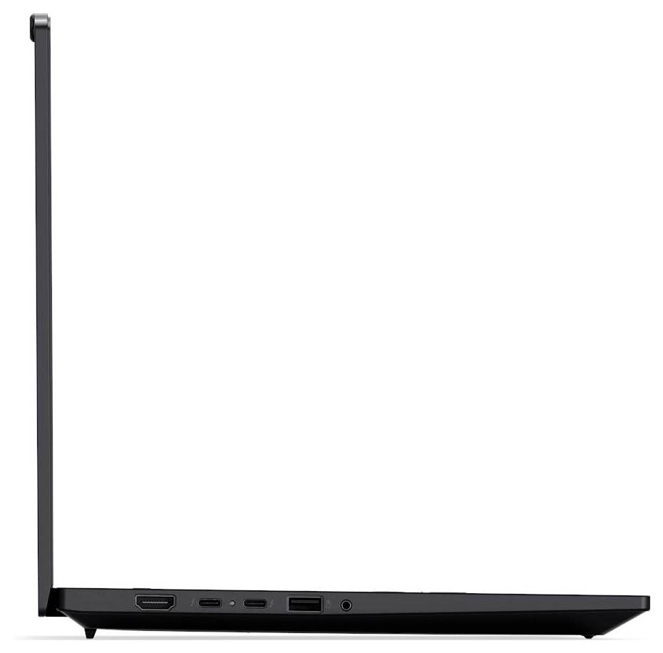 Seitenansicht eines schlanken schwarzen Routers mit vertikaler Antenne und vorderen Anschlüssen, dargestellt auf weißem Hintergrund.