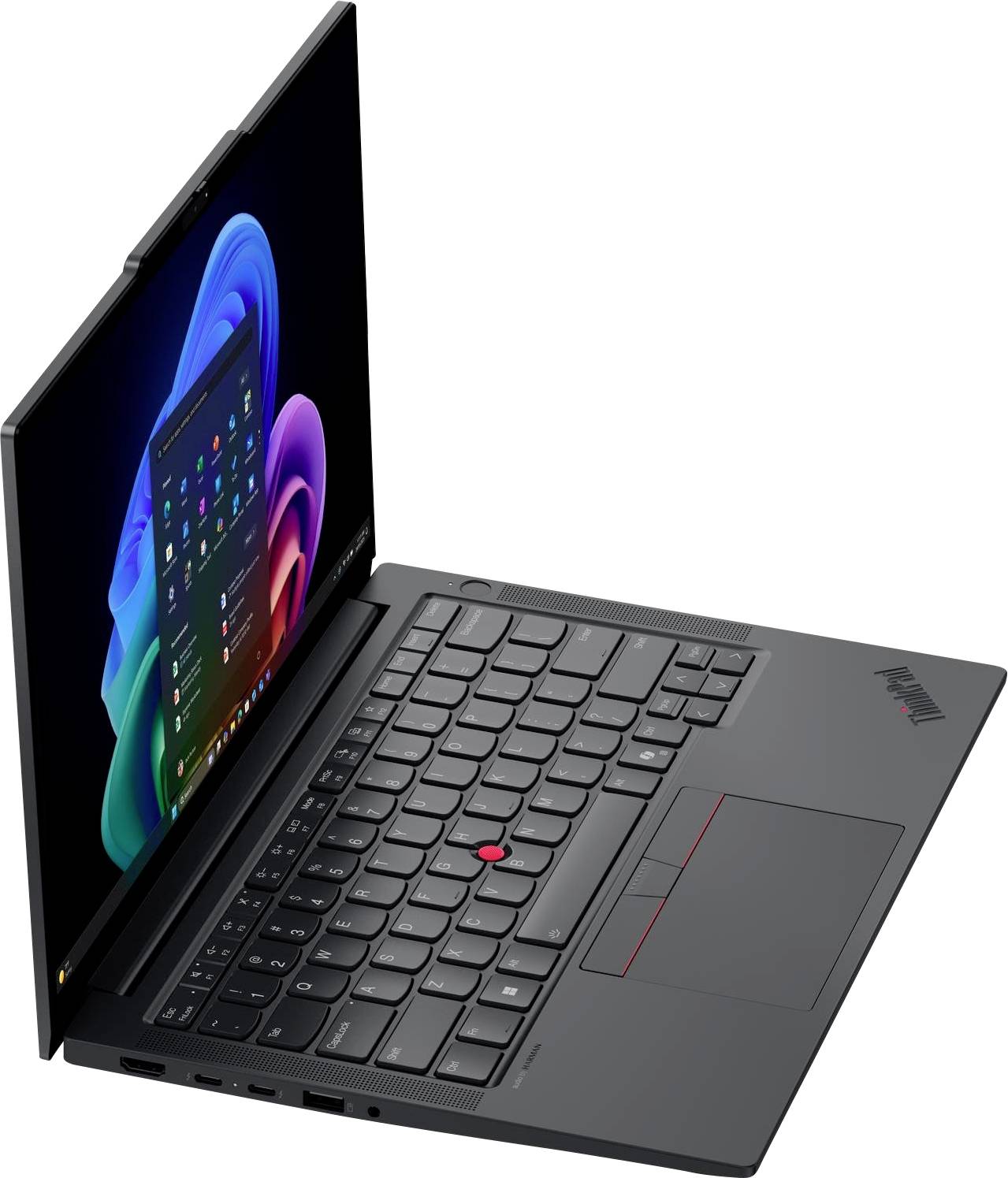 ThinkPad-Laptop in Seitenansicht geöffnet, zeigt Tastatur, Trackpad und bunten Windows-Desktop auf dem Bildschirm.