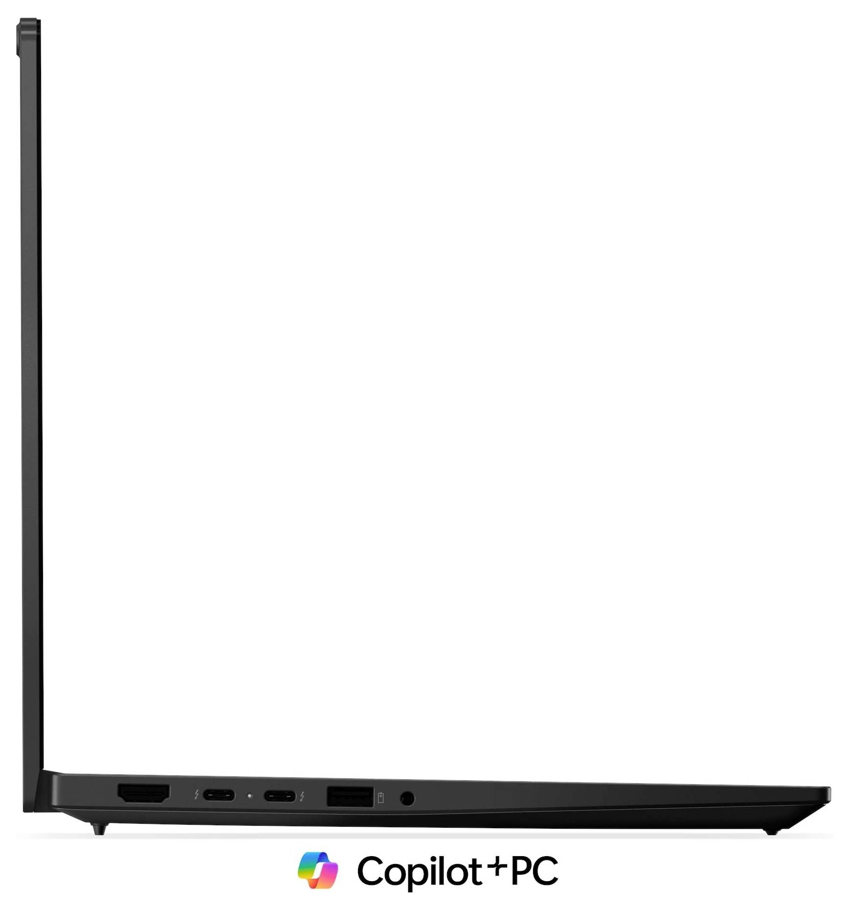 Seitenansicht eines schwarzen Laptops mit einem großen Display und dem Logo 