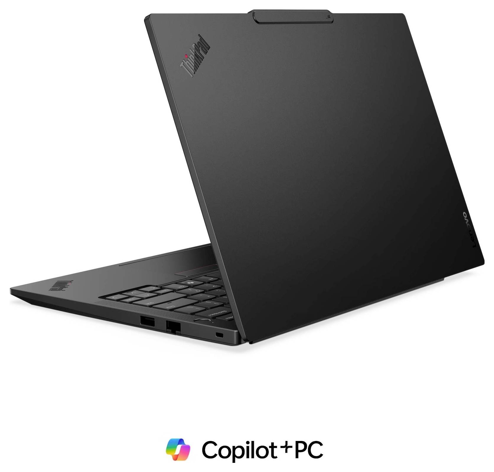 Schwarzer Lenovo ThinkPad-Laptop in Dreiviertelsicht geöffnet mit „Copilot+ PC