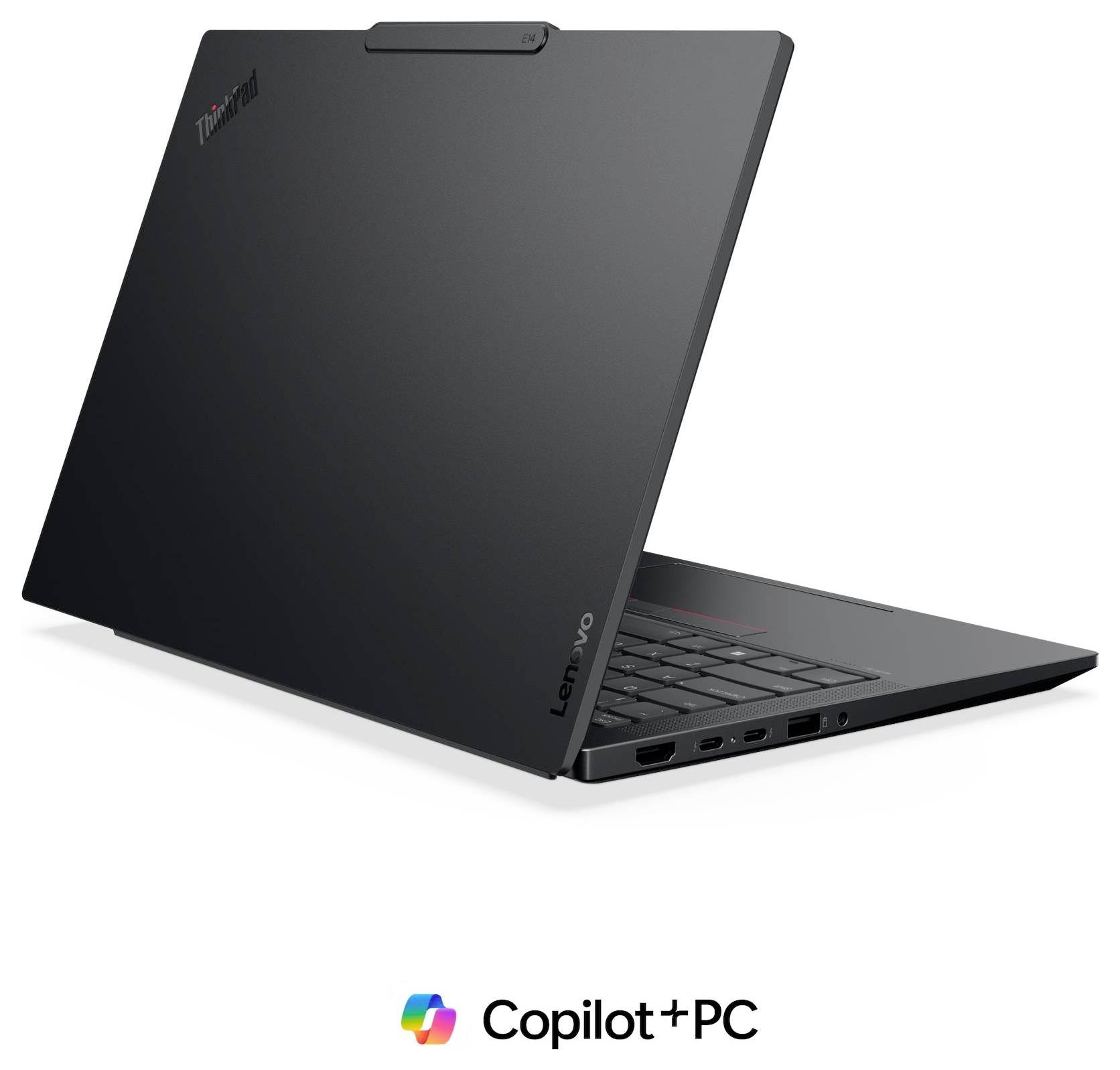 Seitenansicht eines schlanken schwarzen Laptops, der teilweise geöffnet ist und einen farbigen Bildschirm sowie das Logo 