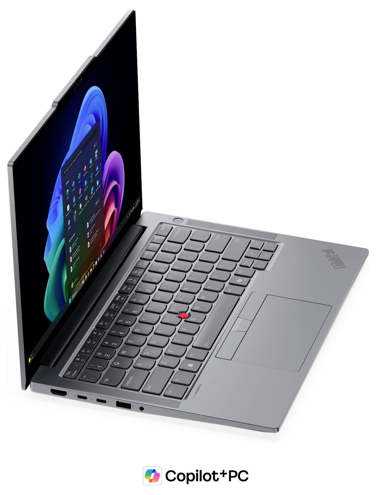 Silberner ThinkPad-Laptop, in einem Winkel geöffnet mit Windows-Desktop auf dem Bildschirm und „Copilot+PC