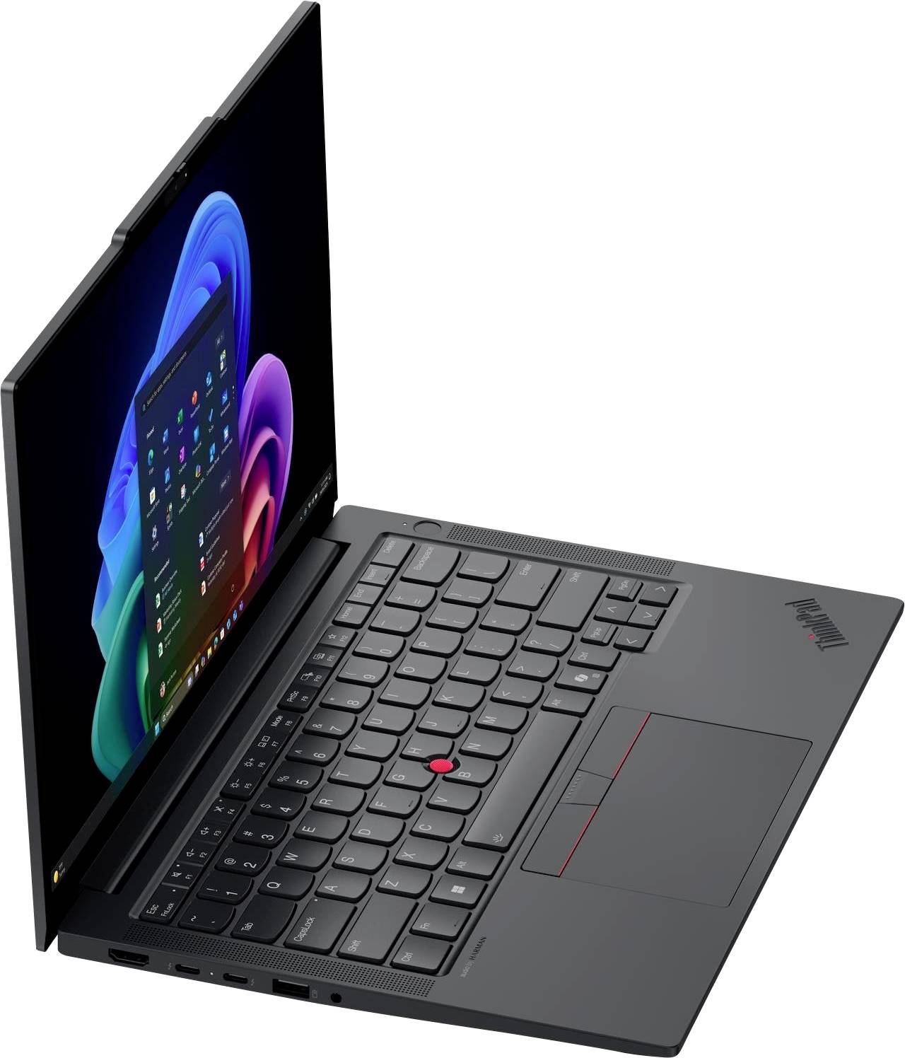 Schwarzer Lenovo ThinkPad-Laptop, der in einem Winkel geöffnet ist und die Tastatur, das Trackpad und den bunten Windows-Desktop auf dem Bildschirm zeigt.