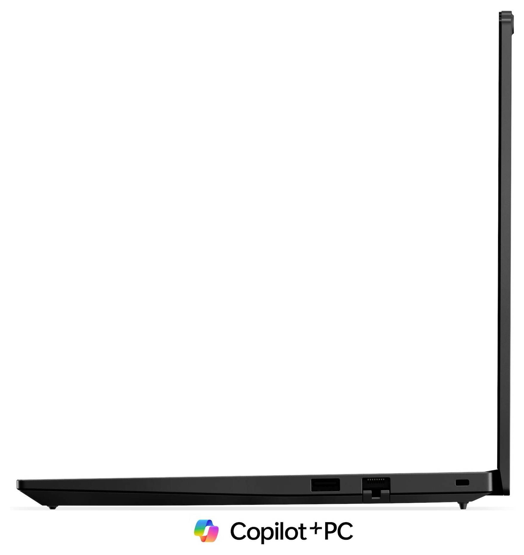 Schwarzer Laptop von der Seite mit dem Bildschirm in einem rechten Winkel offen, zeigt ein Copilot+ PC-Logo darunter.