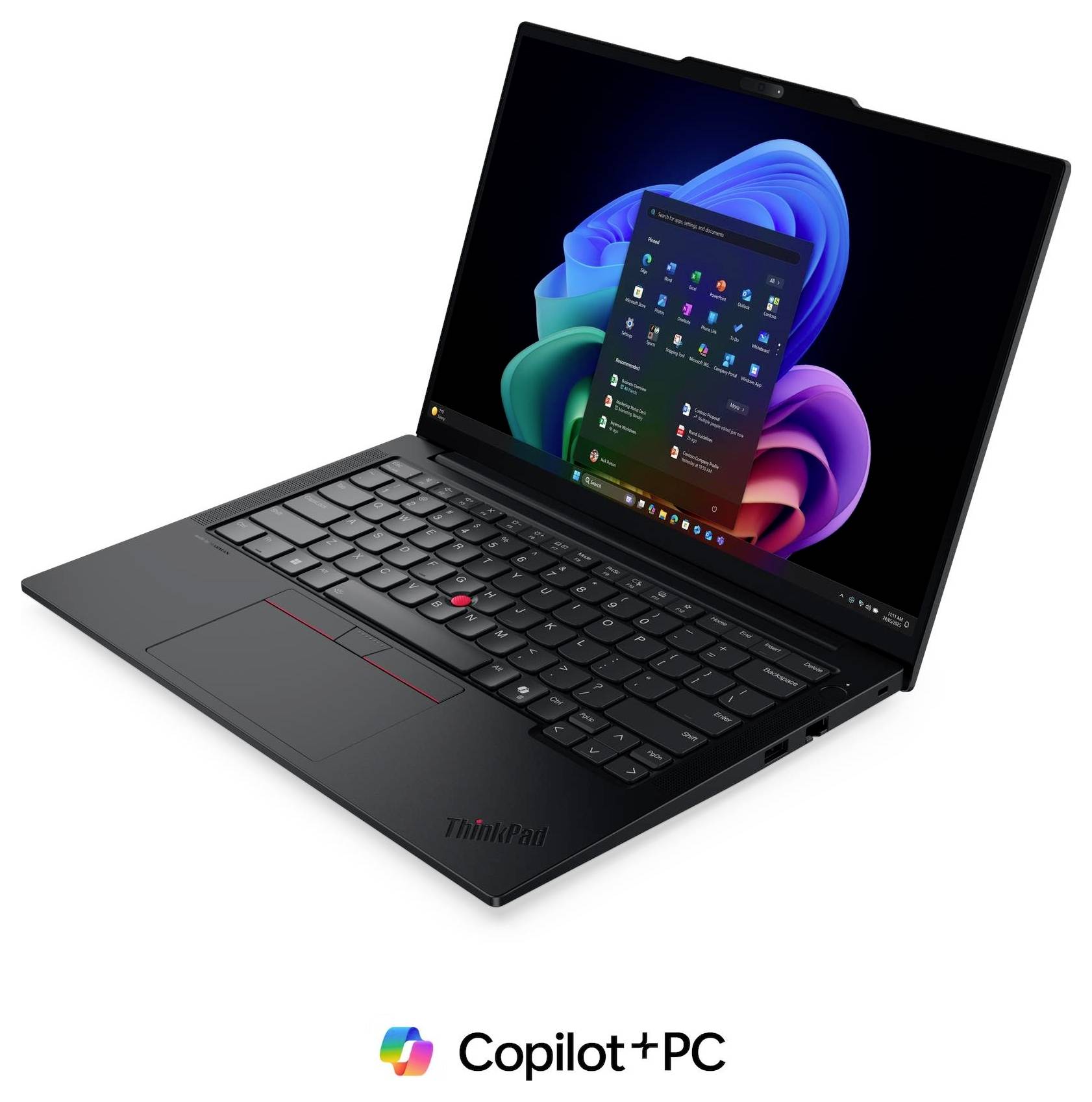 ThinkPad-Laptop schräg geöffnet mit Windows 11 auf dem Bildschirm und Copilot+ PC-Logo darunter.