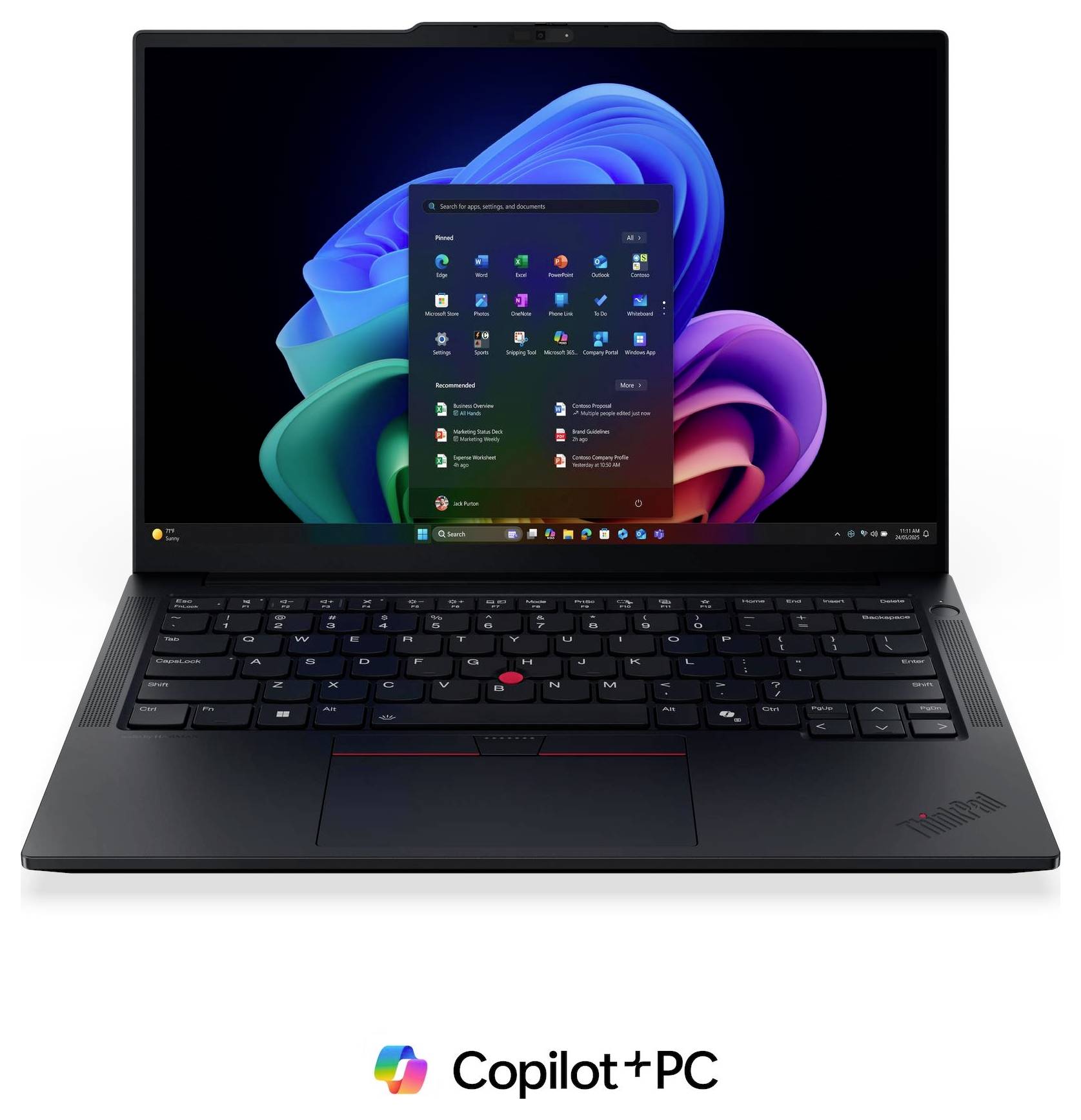 Schwarzer Laptop zeigt Windows 11-Startmenü und farbenfrohe Hintergrund, mit 'Copilot+ PC'-Logo darunter