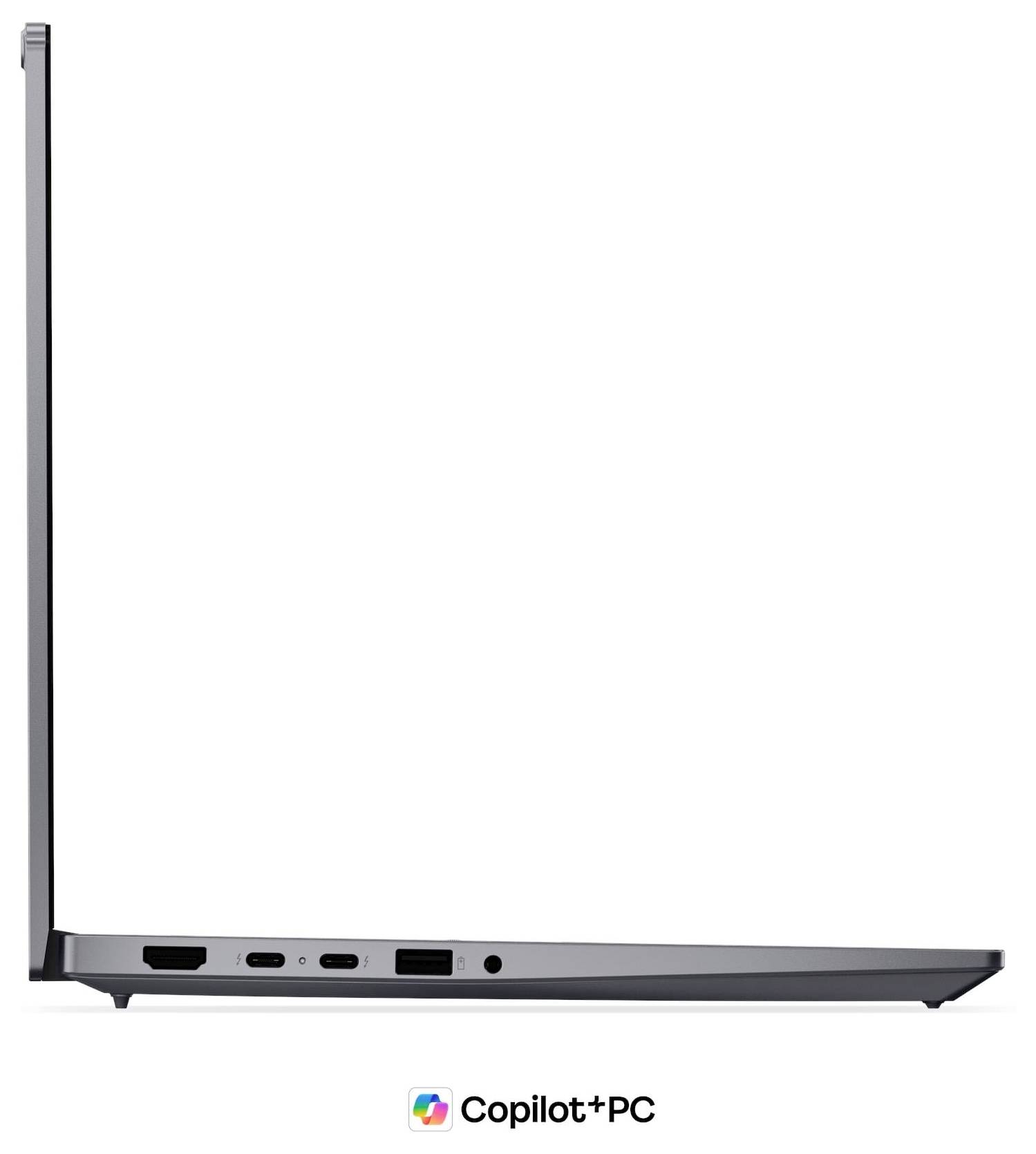 Seitenansicht eines dünnen schwarzen Laptops, halb geöffnet, mit farbenfrohem Bildschirmglanz und dem Logo 