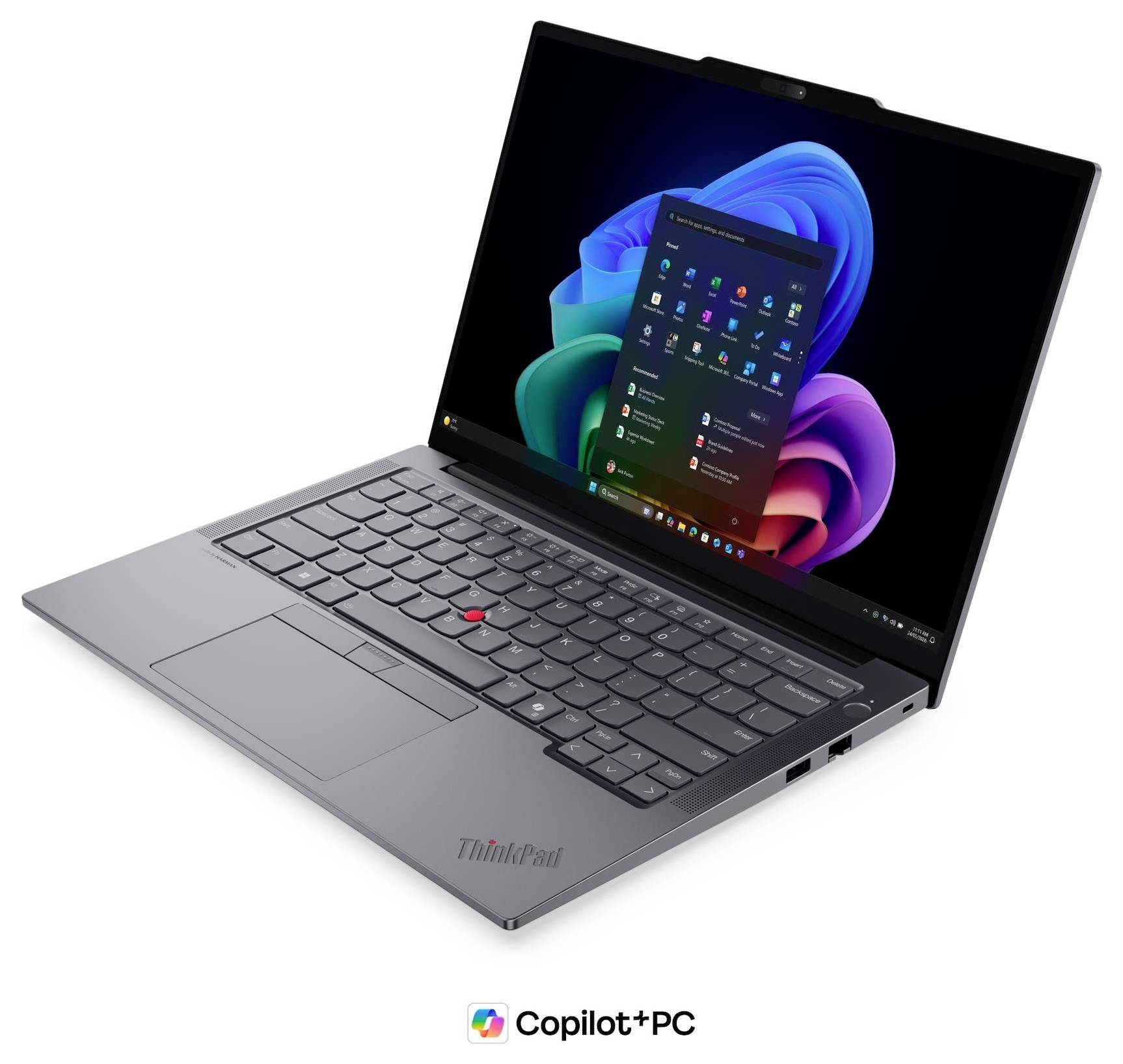 Schwarzer Lenovo ThinkPad-Laptop, geöffnet, zeigt den Windows 11-Desktop mit einem farbenfrohen abstrakten Hintergrundbild und 