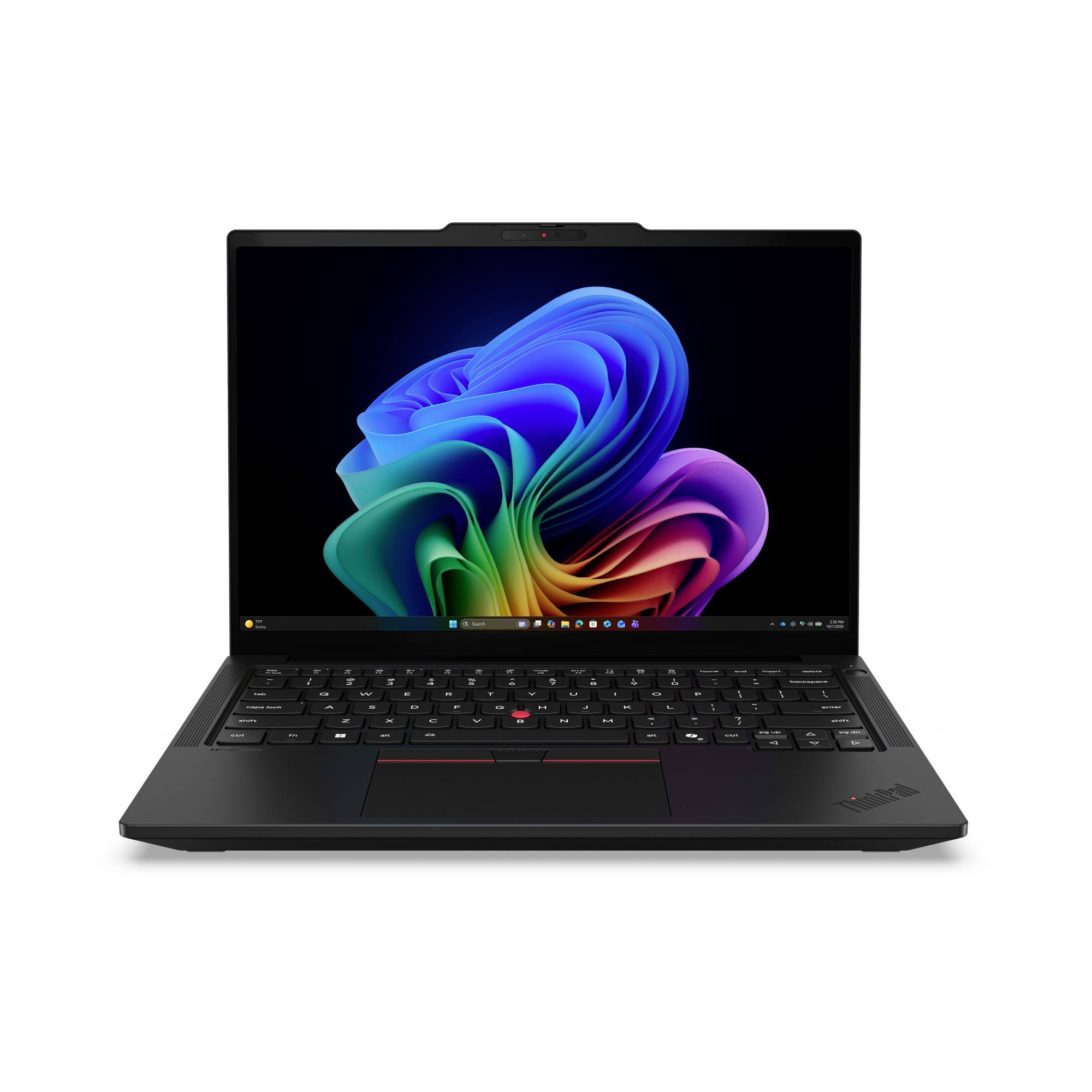 Schwarzer Lenovo ThinkPad-Laptop, geöffnet und frontal ausgerichtet, zeigt ein buntes abstraktes Windows-ähnliches Hintergrundbild auf dem Bildschirm.