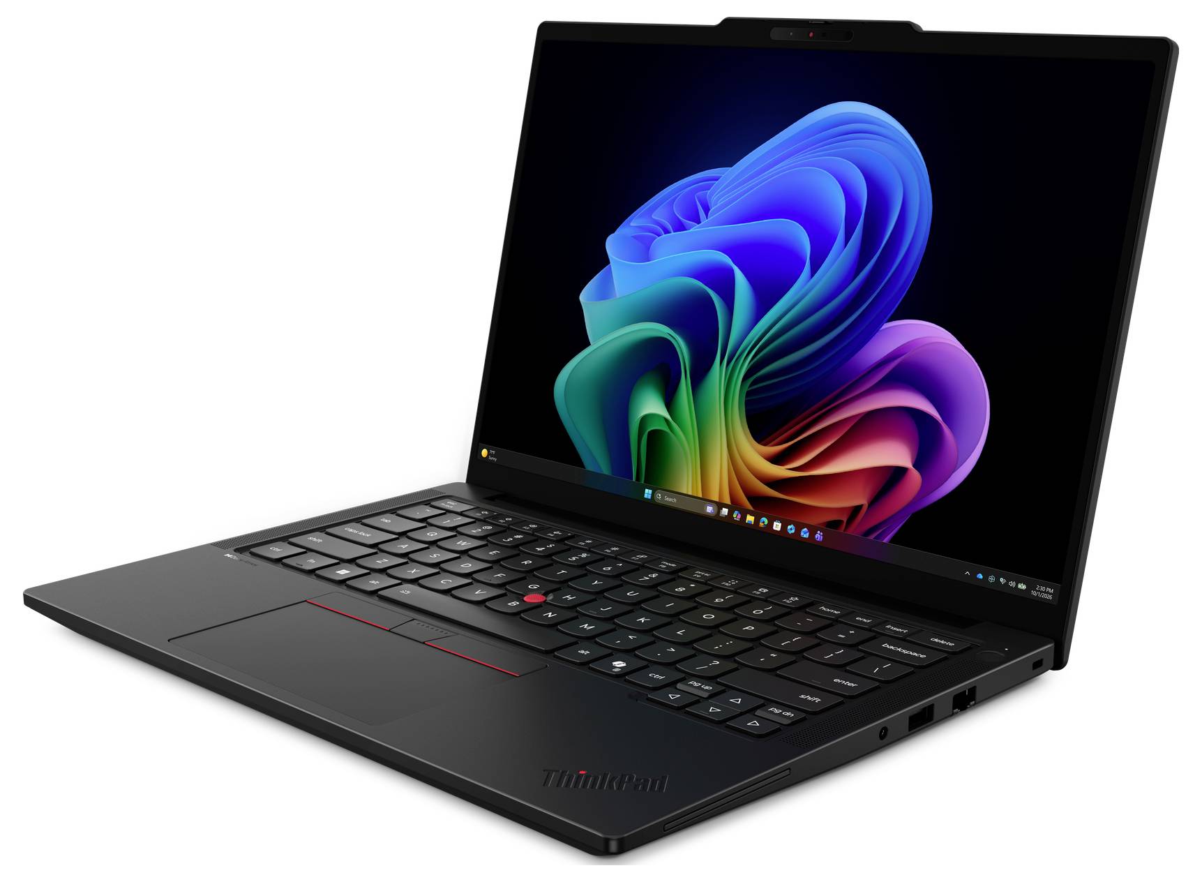 Schwarzes Lenovo ThinkPad-Laptop, das in einem Winkel geöffnet ist und einen bunten abstrakten Windows-Desktop auf dem Bildschirm zeigt.