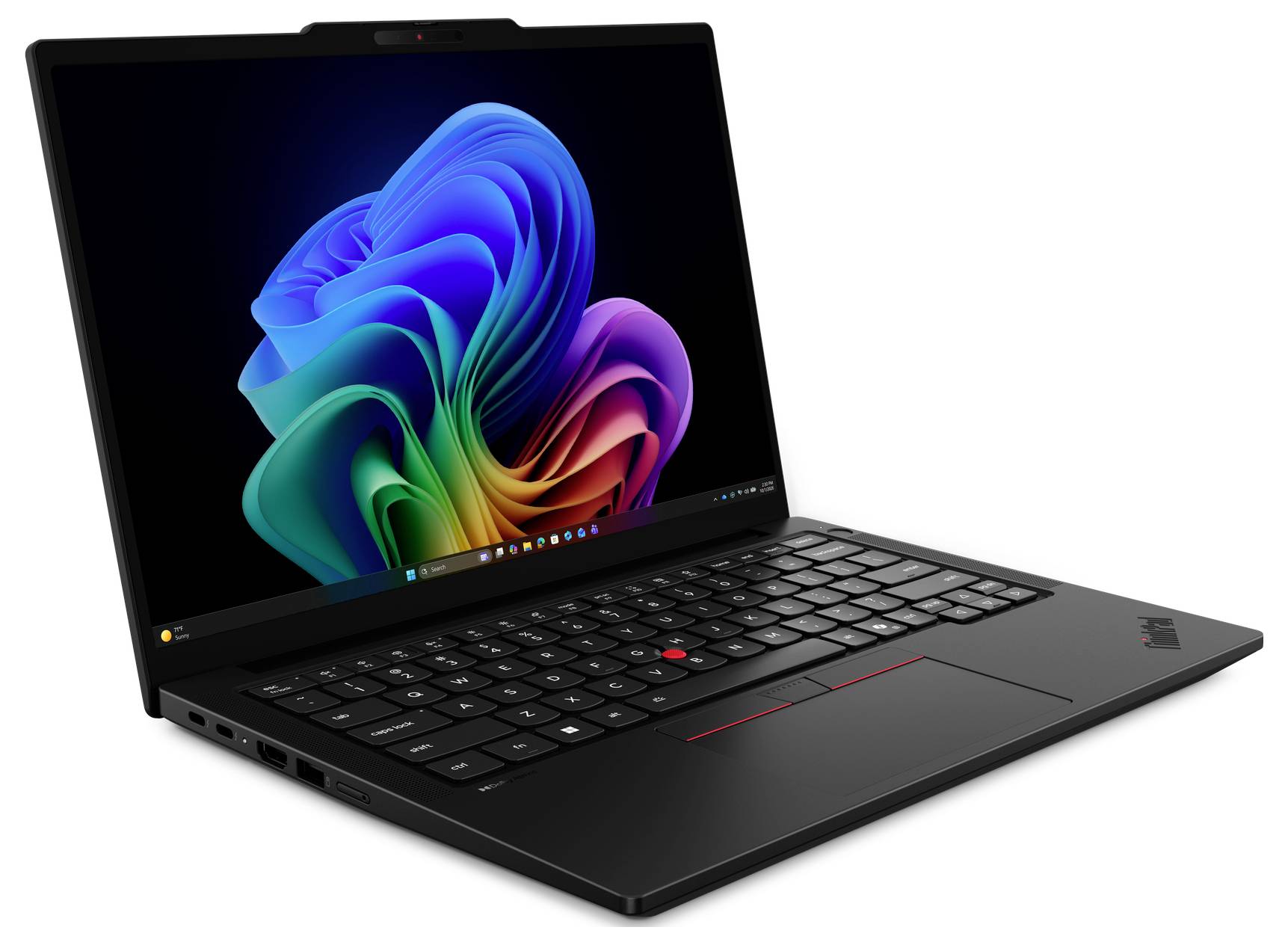 Schwarzer Lenovo ThinkPad Laptop in einem Winkel geöffnet, zeigt ein buntes, abstraktes Windows-ähnliches Hintergrundbild auf dem Bildschirm.
