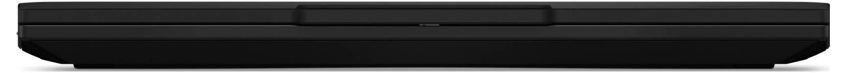 Seitenansicht eines geschlossenen schwarzen Laptops, die das dünne Profil und die Basis zeigt.