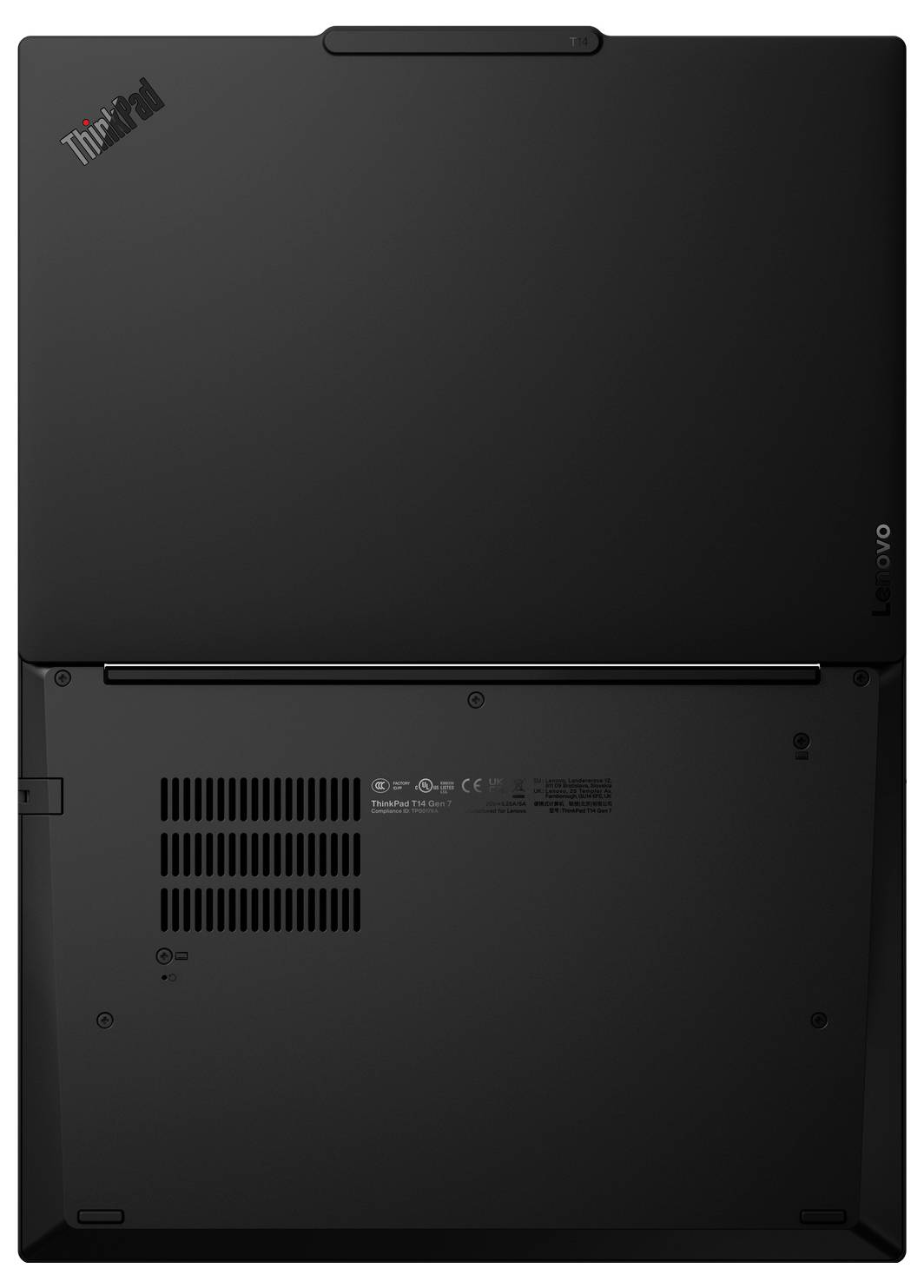 Unteransicht eines schwarzen Lenovo ThinkPad-Laptops, die das ThinkPad-Logo, das Lüftungsgitter und die Zugangsblende zeigen.