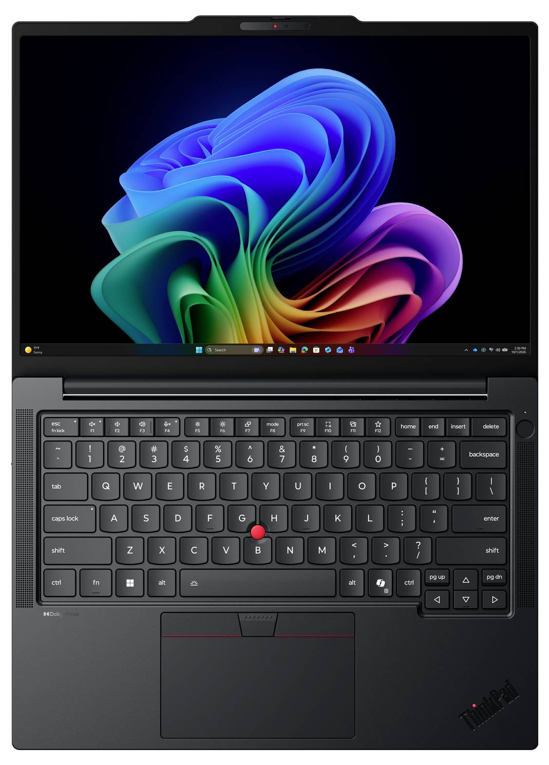 Draufsicht auf einen Lenovo ThinkPad-Laptop mit einer Windows-Desktop-Tapete auf dem Bildschirm und einer schwarzen Tastatur mit TrackPoint und großem Touchpad.