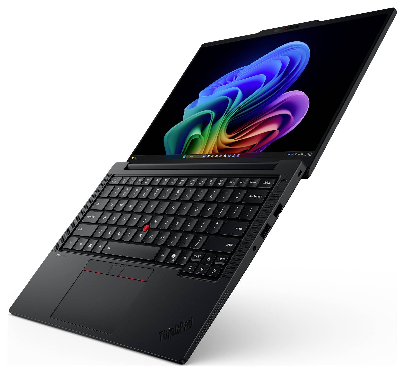 Schwarzer ThinkPad-Laptop, teilweise in einem Winkel geöffnet, zeigt einen farbenfrohen abstrakten Hintergrund auf dem Bildschirm.