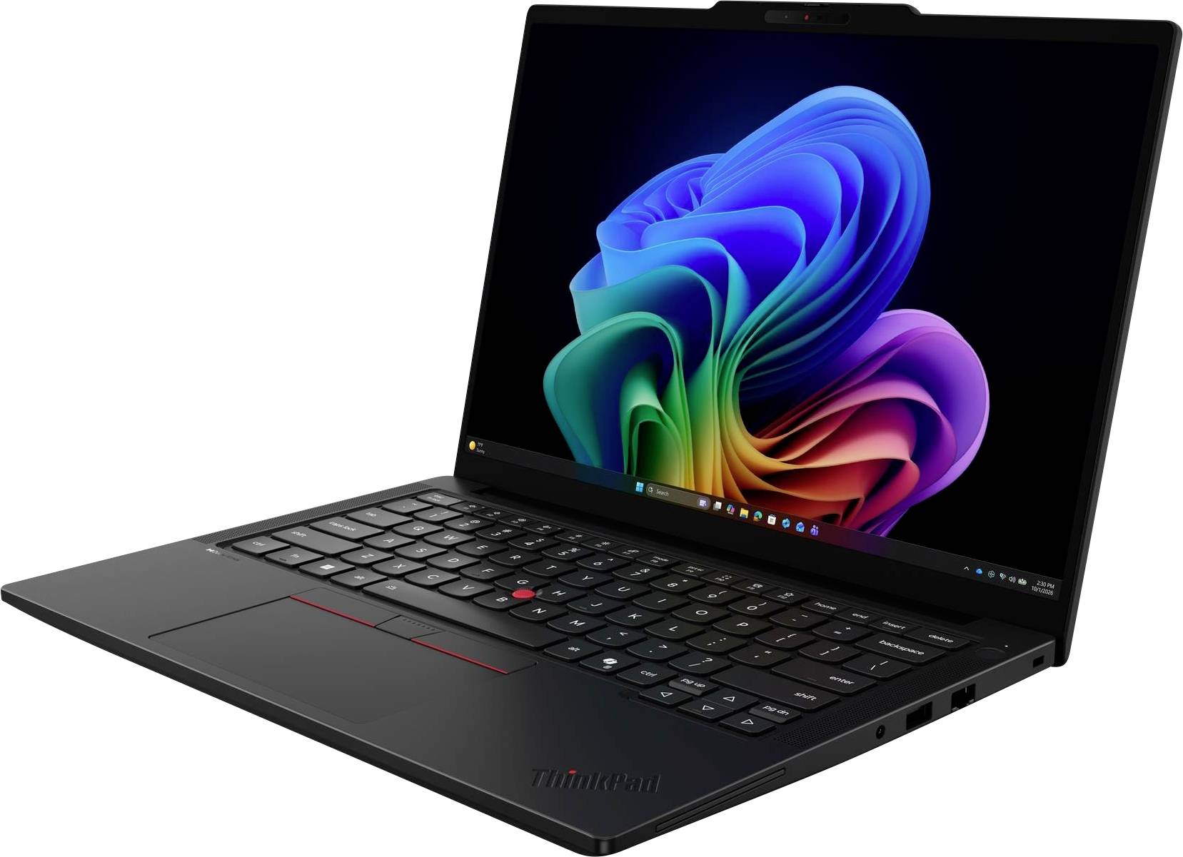 Aufgeklappter schwarzer Lenovo ThinkPad Laptop mit buntem Windows 11 Hintergrund auf dem Bildschirm.