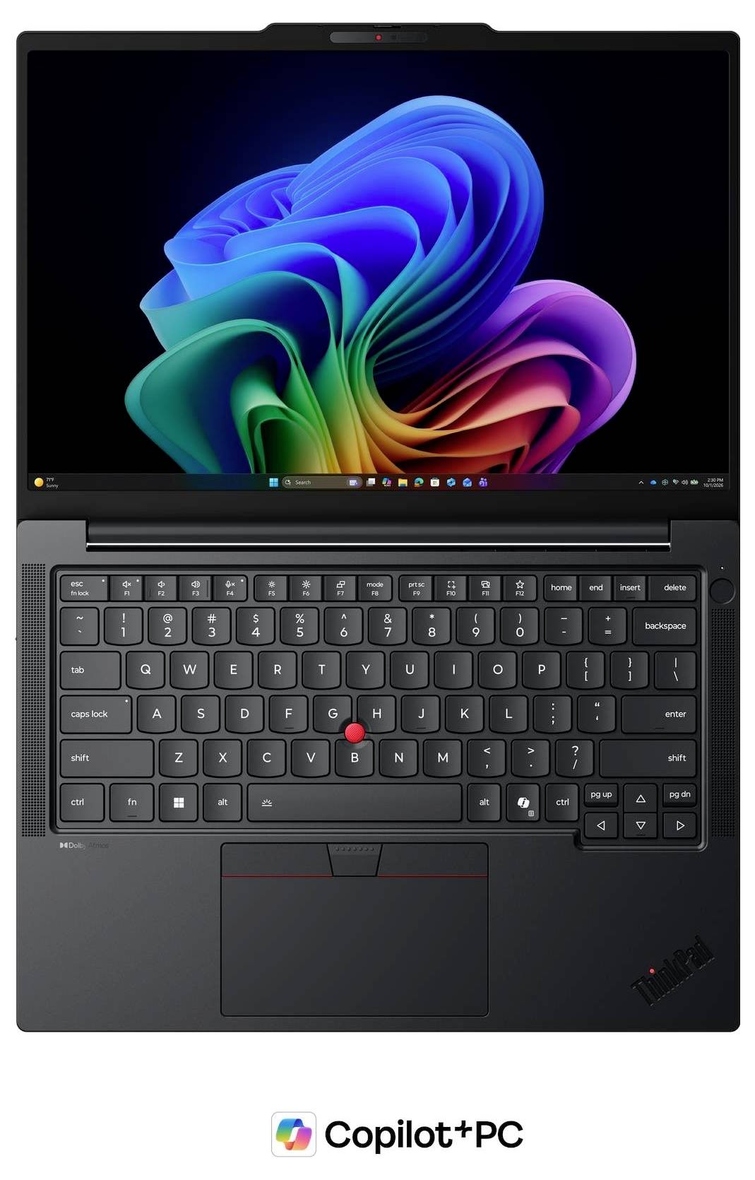 Ein schwarzer Laptop, auf dem die farbenfrohe Windows 11 Copilot+ Hintergrundgrafik angezeigt wird, mit dem Logo „Copilot+ PC