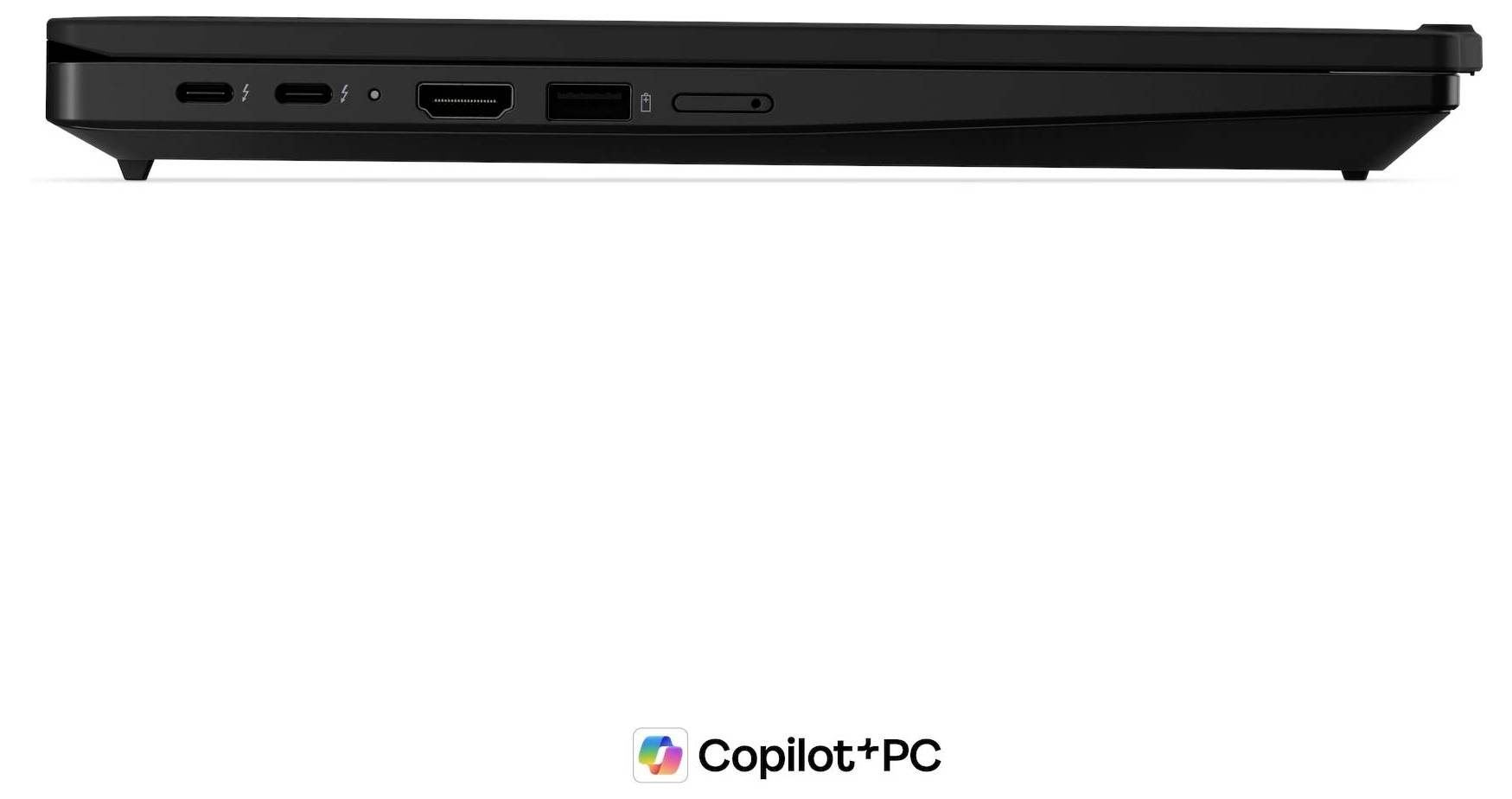 Seitenansicht eines dünnen schwarzen Laptops mit aufrechtem Bildschirm, dargestellt über dem Copilot+ PC-Logo.