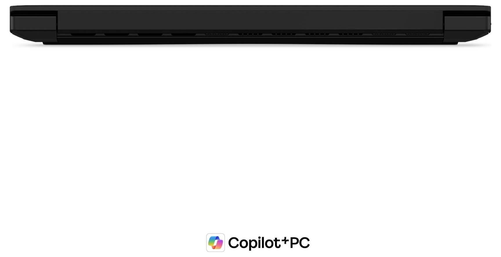 Seitenansicht eines geschlossenen schwarzen Laptops, zentral über dem Logo 