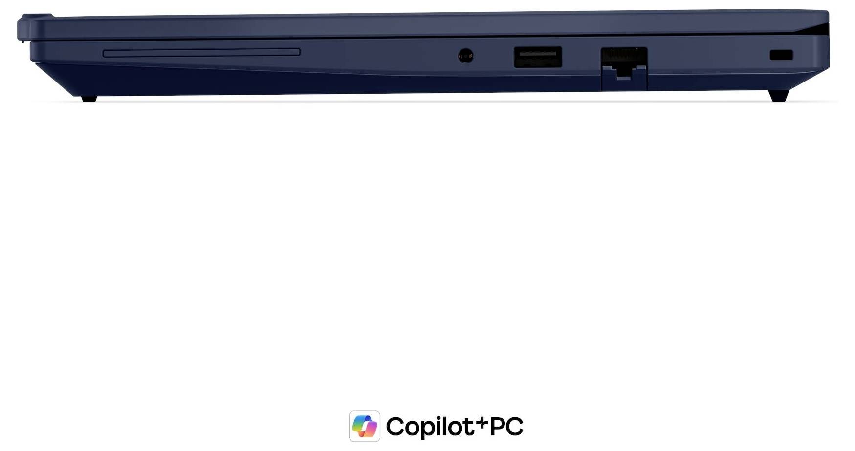 Seitenansicht eines dünnen blauen Laptops, der Anschlüsse entlang der Kante und ein „Copilot+PC