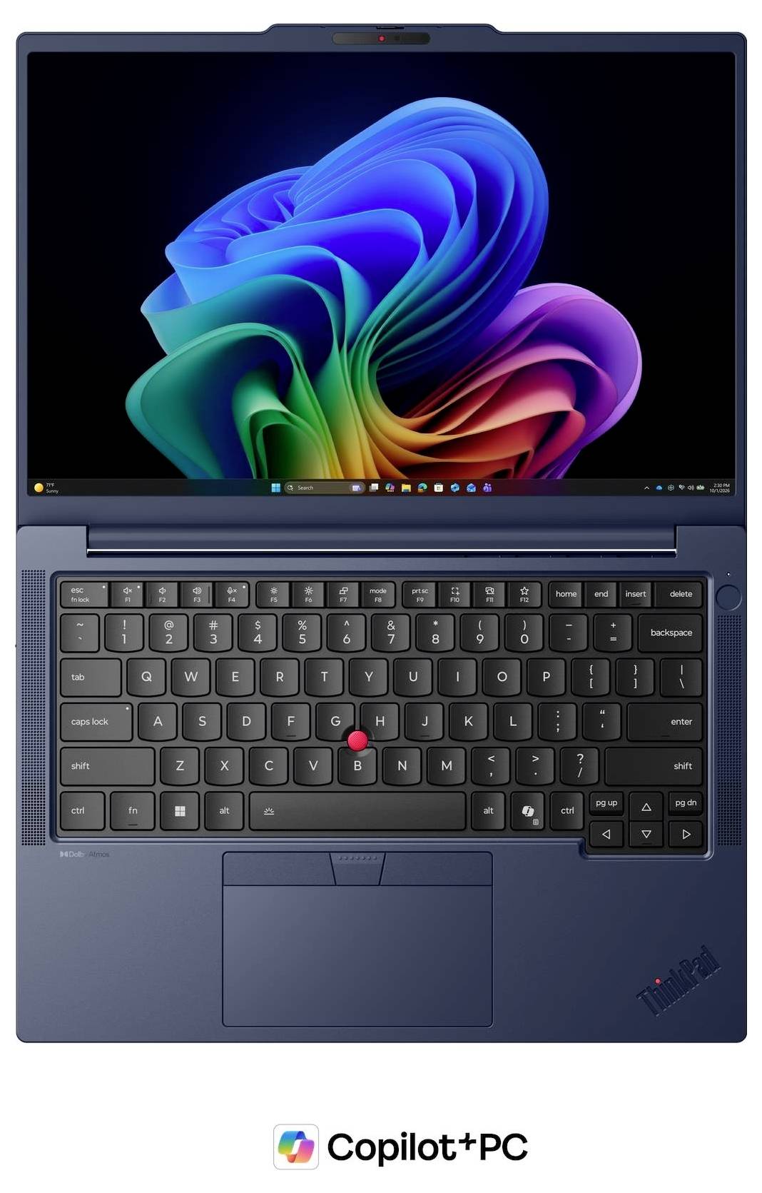 Vorderansicht eines schwarzen Laptops mit einem bunten abstrakten Windows-ähnlichen Wirbel-Hintergrundbild auf dem Display, mit dem zentriert positionierten Logo 