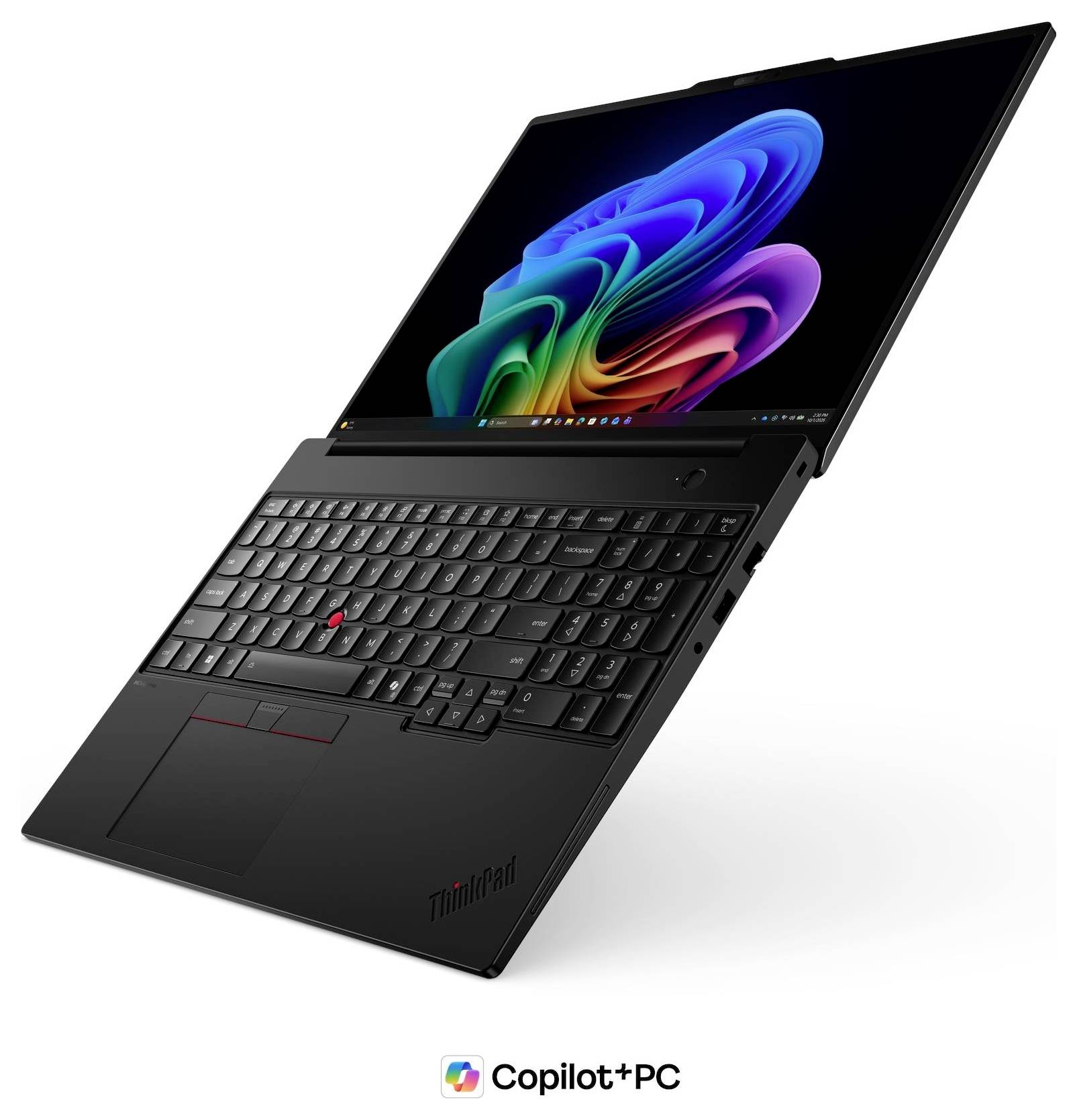 Lenovo ThinkPad Laptop in Schrägposition mit geöffnetem Bildschirm, der Windows-Desktop zeigt; „Copilot+ PC