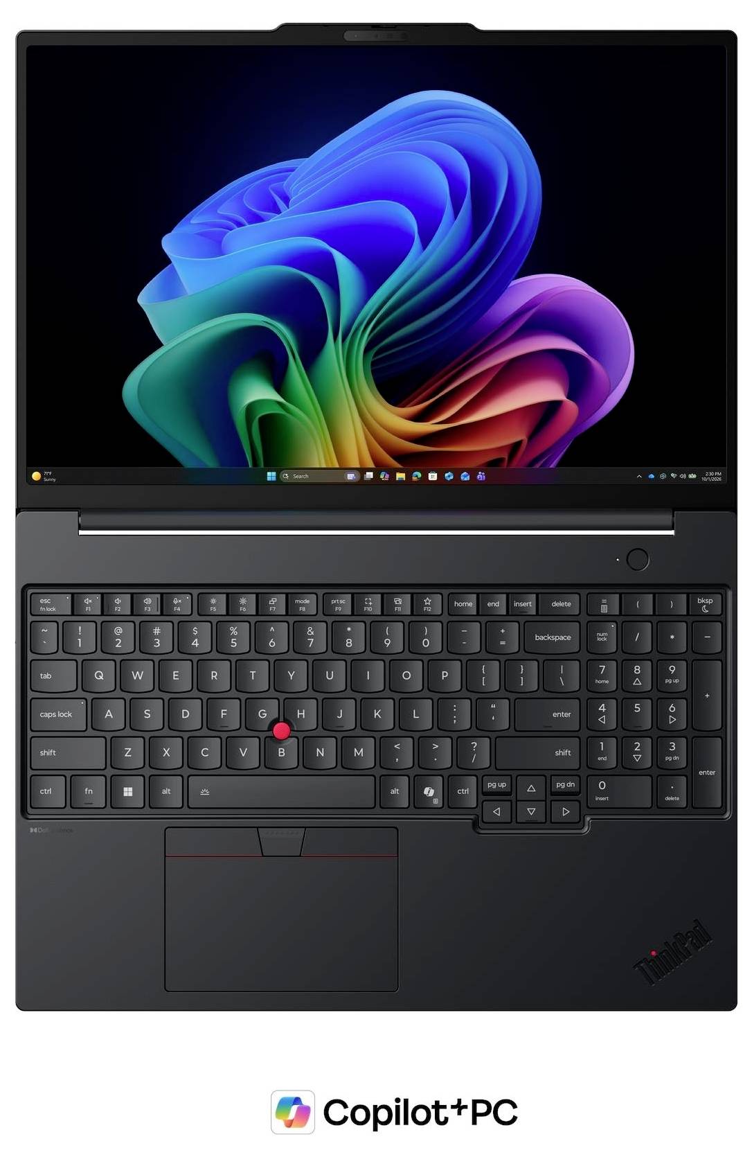 Seitenansicht eines schlanken schwarzen Laptops mit mehreren Anschlüssen entlang der linken Kante und Copilot+ PC-Branding darunter.
