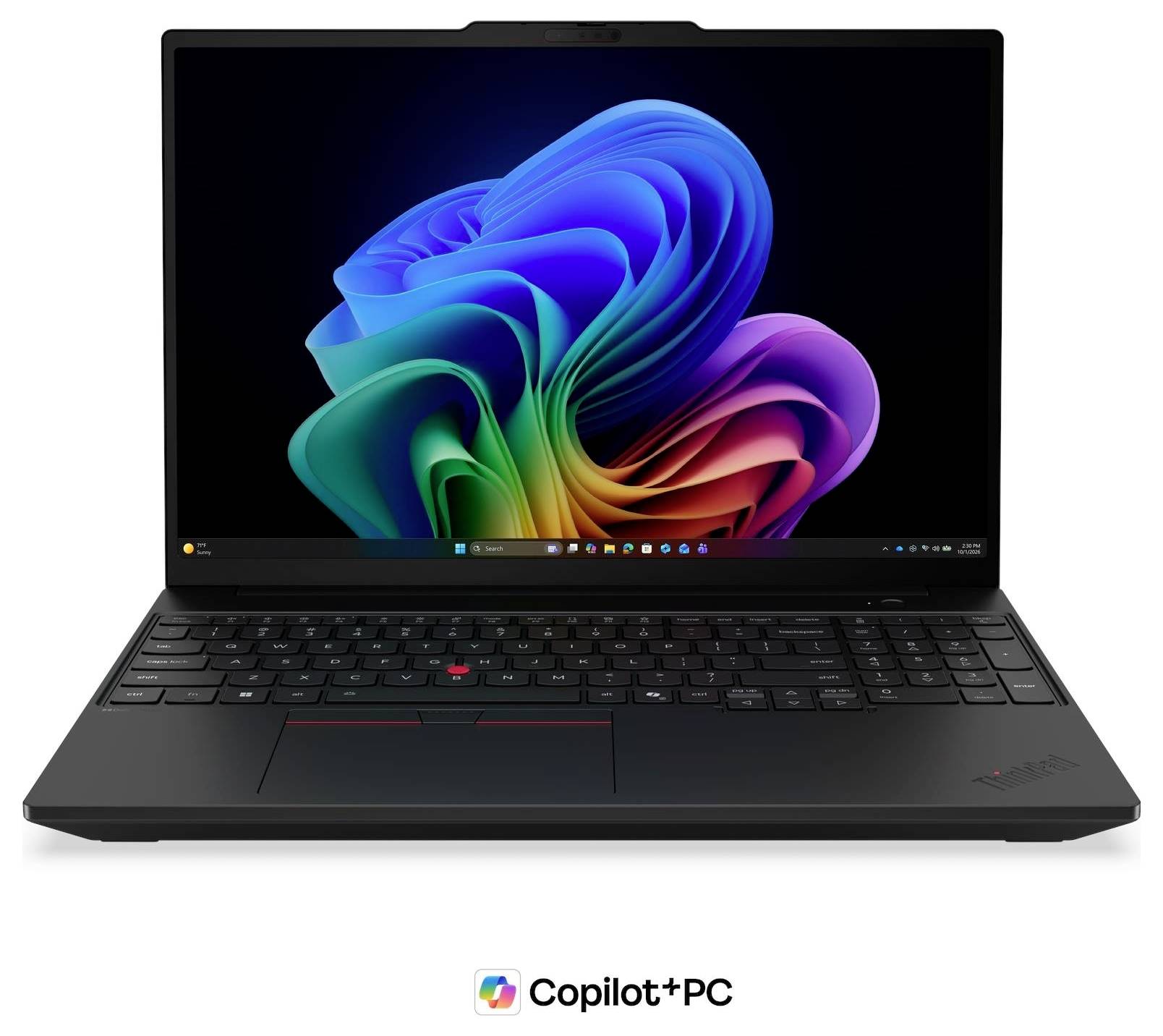 Schwarzer Laptop, der geöffnet angezeigt wird, mit einem Windows-Desktop, auf dem die bunte Windows-11-Wirbel-Tapete angezeigt wird, mit 