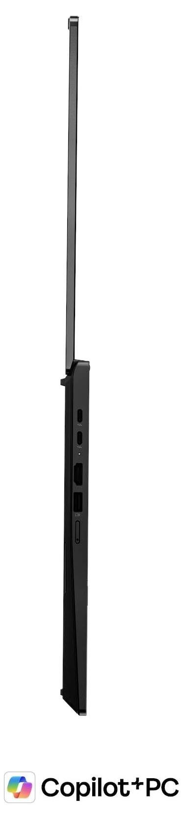 Schlanker schwarzer Laptop oder Tablet mit einem hohen antennenähnlichen Stab, auf weißem Hintergrund dargestellt, mit dem Copilot+PC-Logo unten.