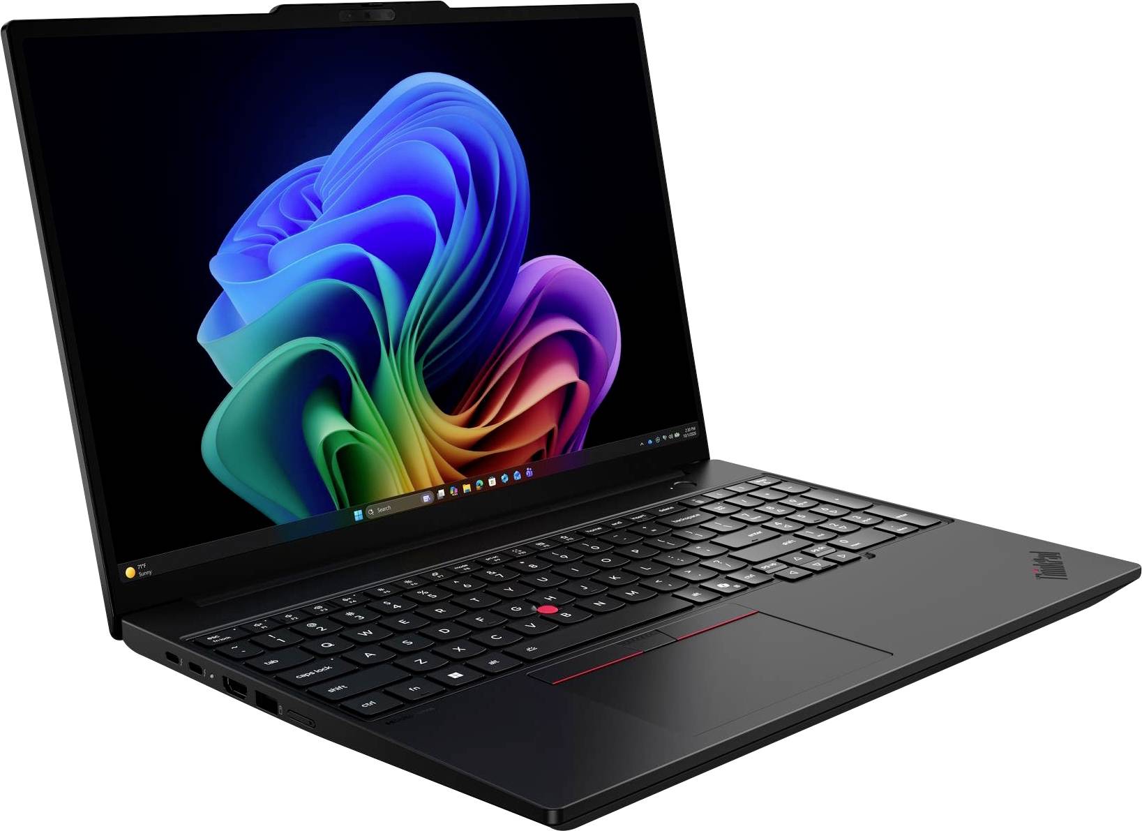 Schwarzes Lenovo ThinkPad-Laptop mit Windows 11-Hintergrundbild auf dem Bildschirm, geöffnet in einem Winkel angezeigt.