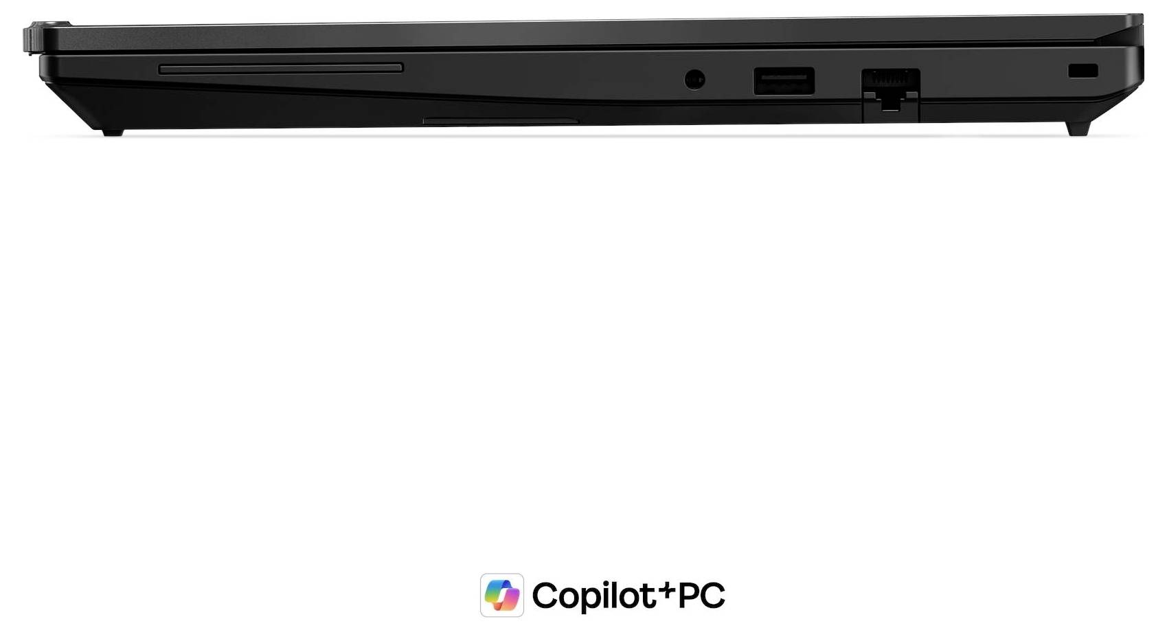 Seitenansicht eines schwarzen Laptops mit sichtbaren Anschlüssen, auf weißem Hintergrund mit der Beschriftung Copilot+ PC.
