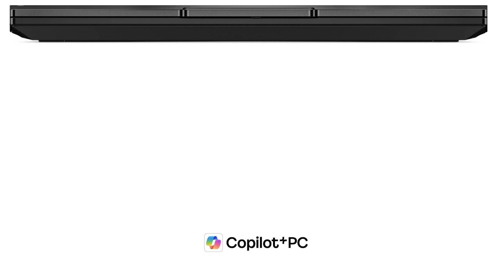 Seitenansicht eines schwarzen Laptops auf weißem Hintergrund, mit dem zentrierten Copilot+ PC-Logo darunter.